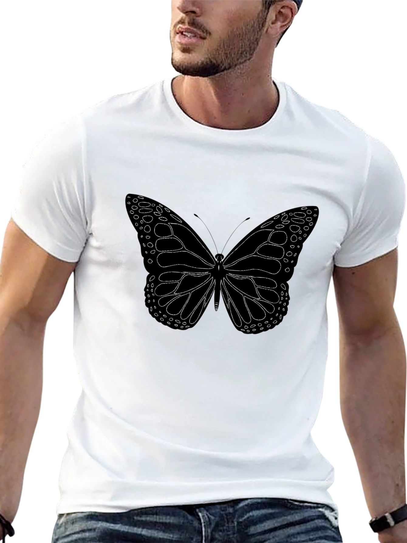 Butterfly Graphic Tee - Black Cotton Blend Casual Shirt