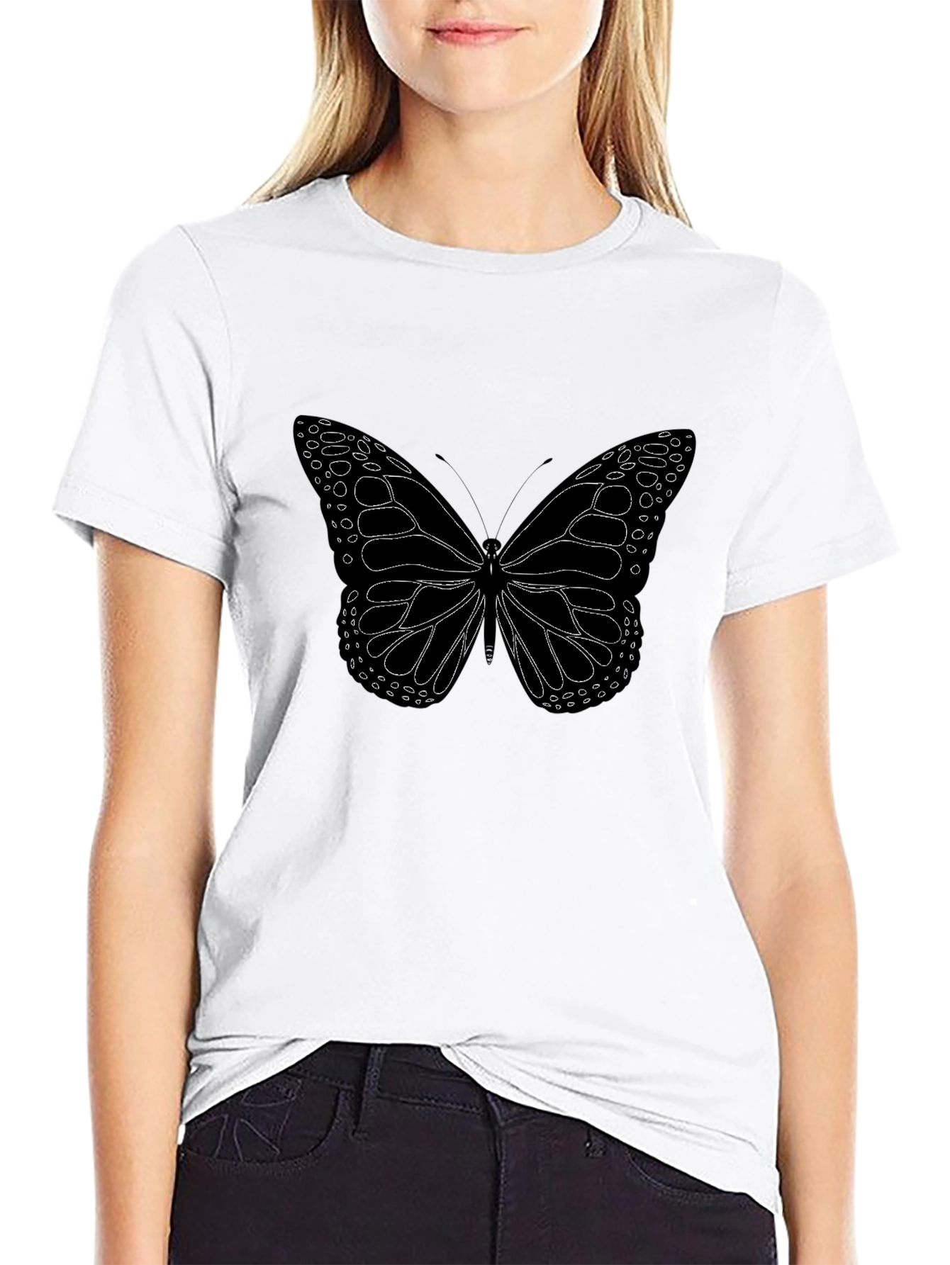 Butterfly Graphic Tee - Black Cotton Blend Casual Shirt