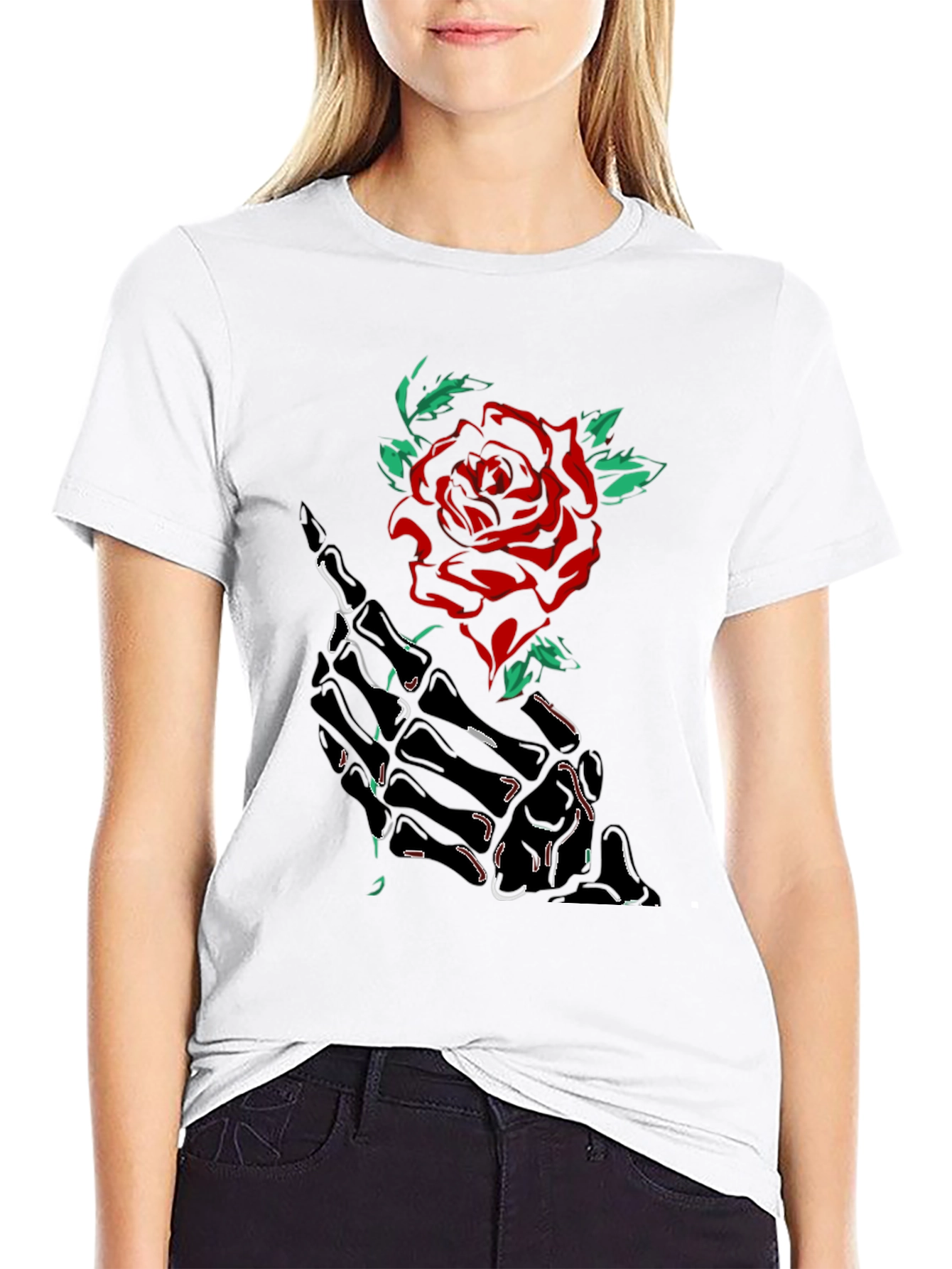 Skeleton Hand Rose Graphic Tee - Black