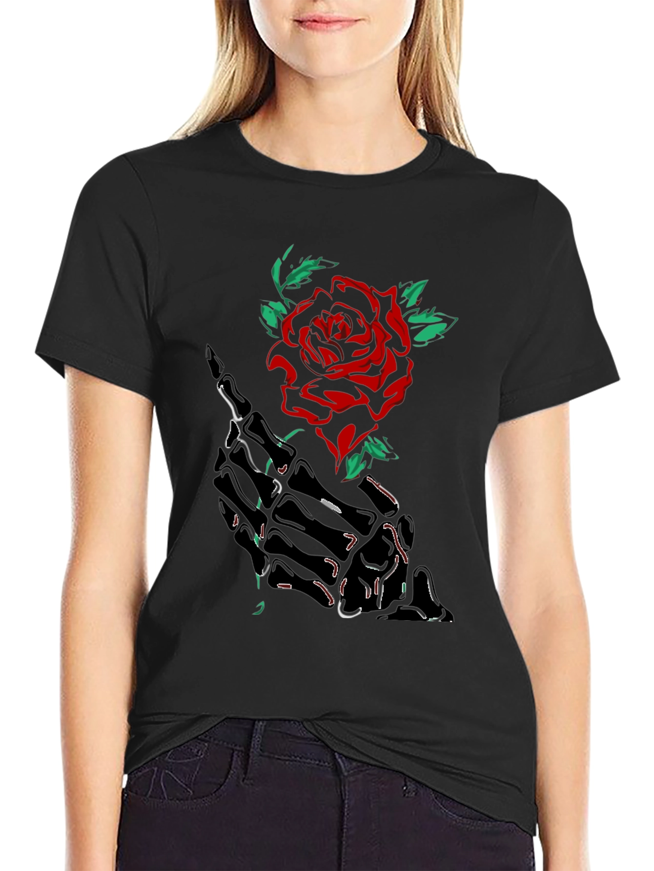 Skeleton Hand Rose Graphic Tee - Black