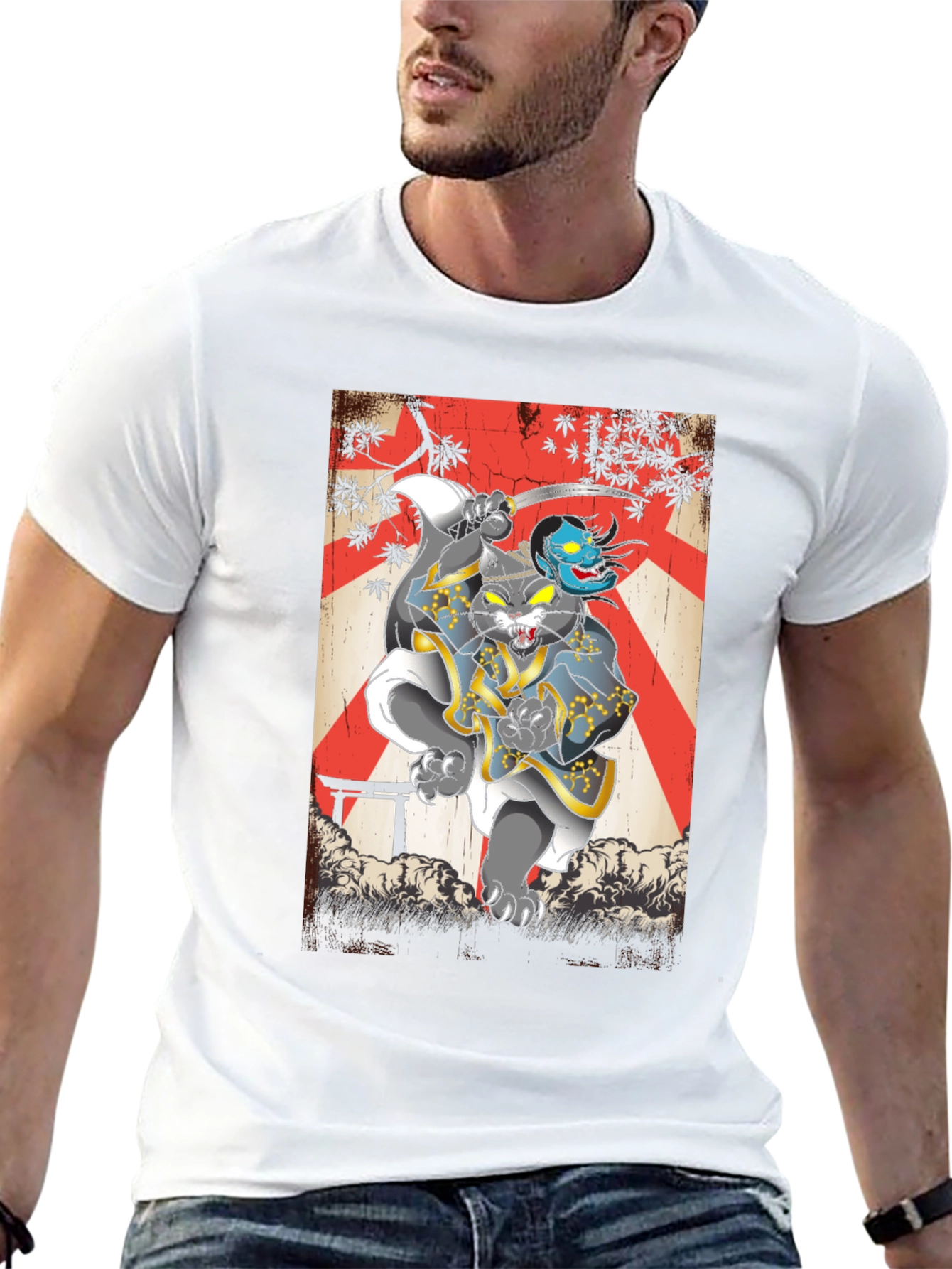 Samurai Cat Graphic Tee - Japanese Art T-Shirt