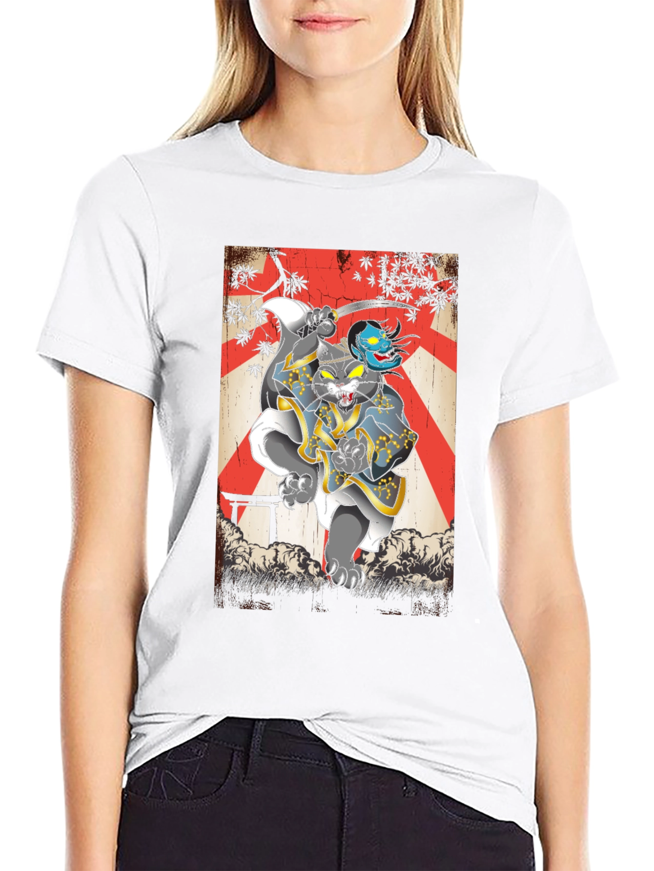 Samurai Cat Graphic Tee - Japanese Art T-Shirt