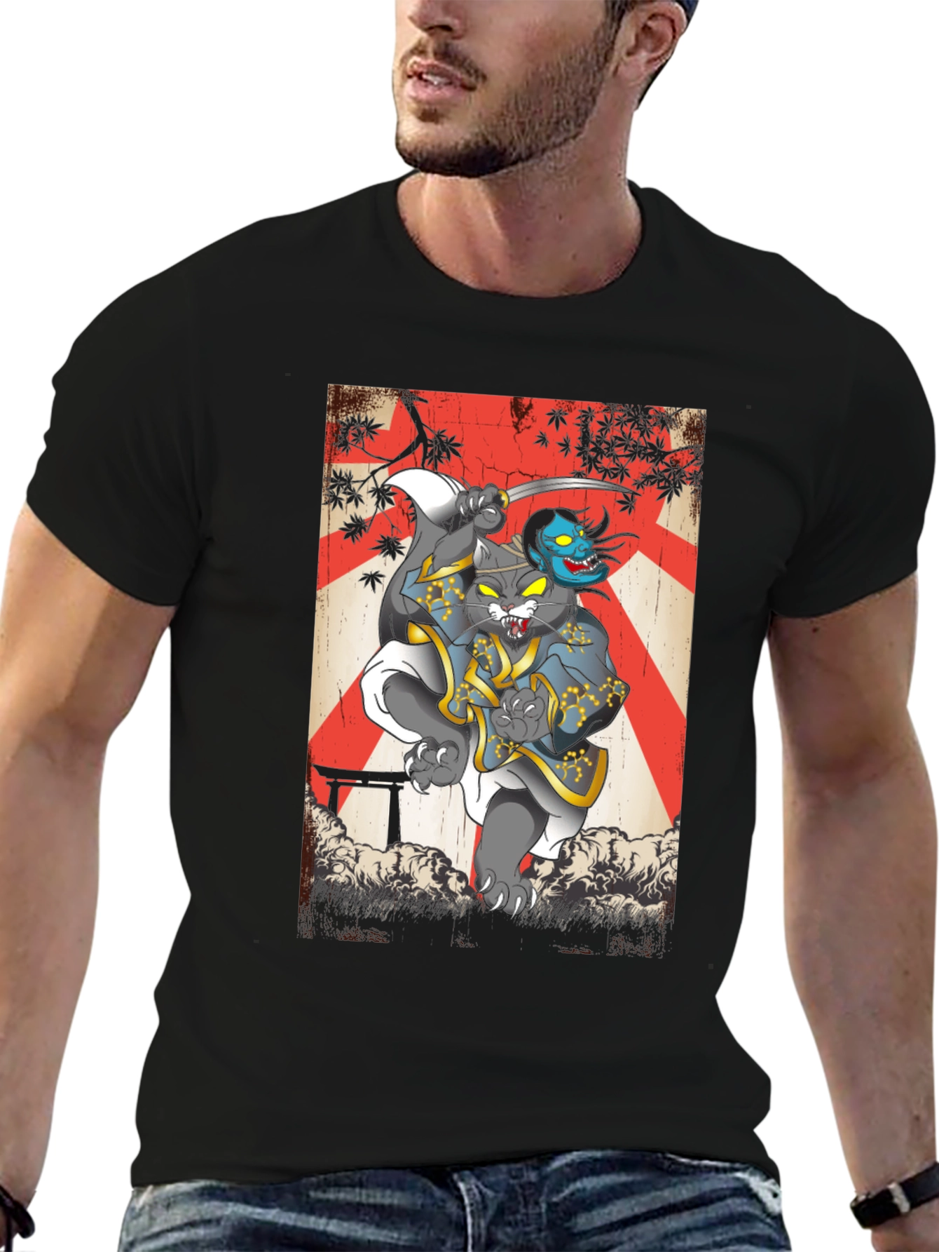 Samurai Cat Graphic Tee - Japanese Art T-Shirt