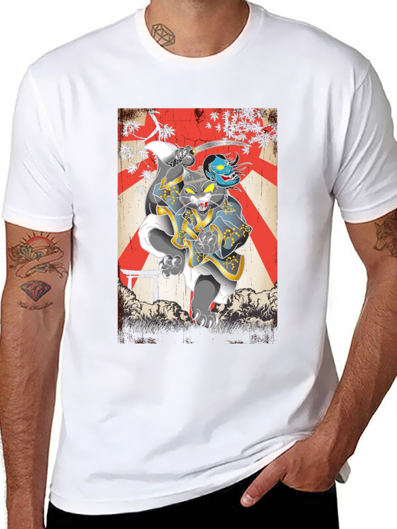 Samurai Cat Graphic Tee - Japanese Art T-Shirt