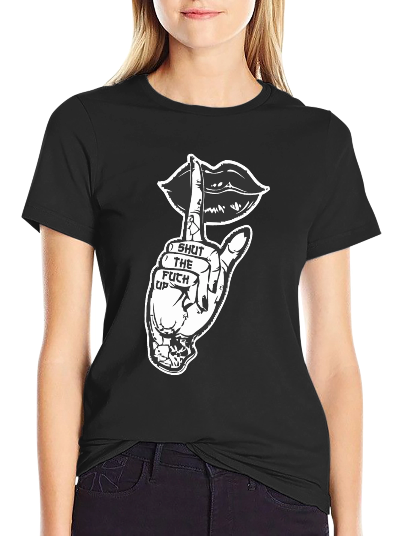 Shut Up Graphic Tee - Black Crew Neck T-Shirt