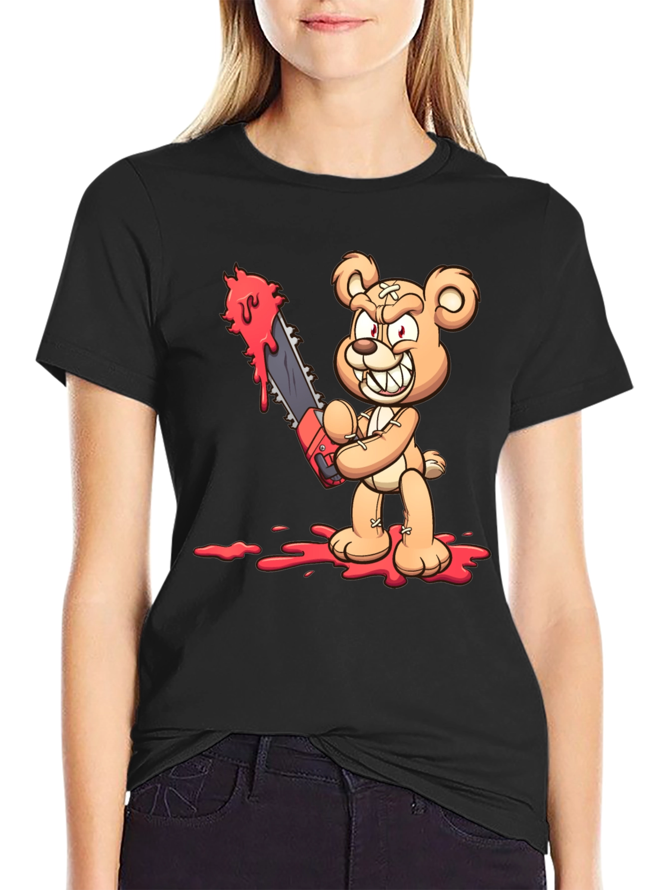 Horror Teddy Bear Chainsaw Black T-Shirt