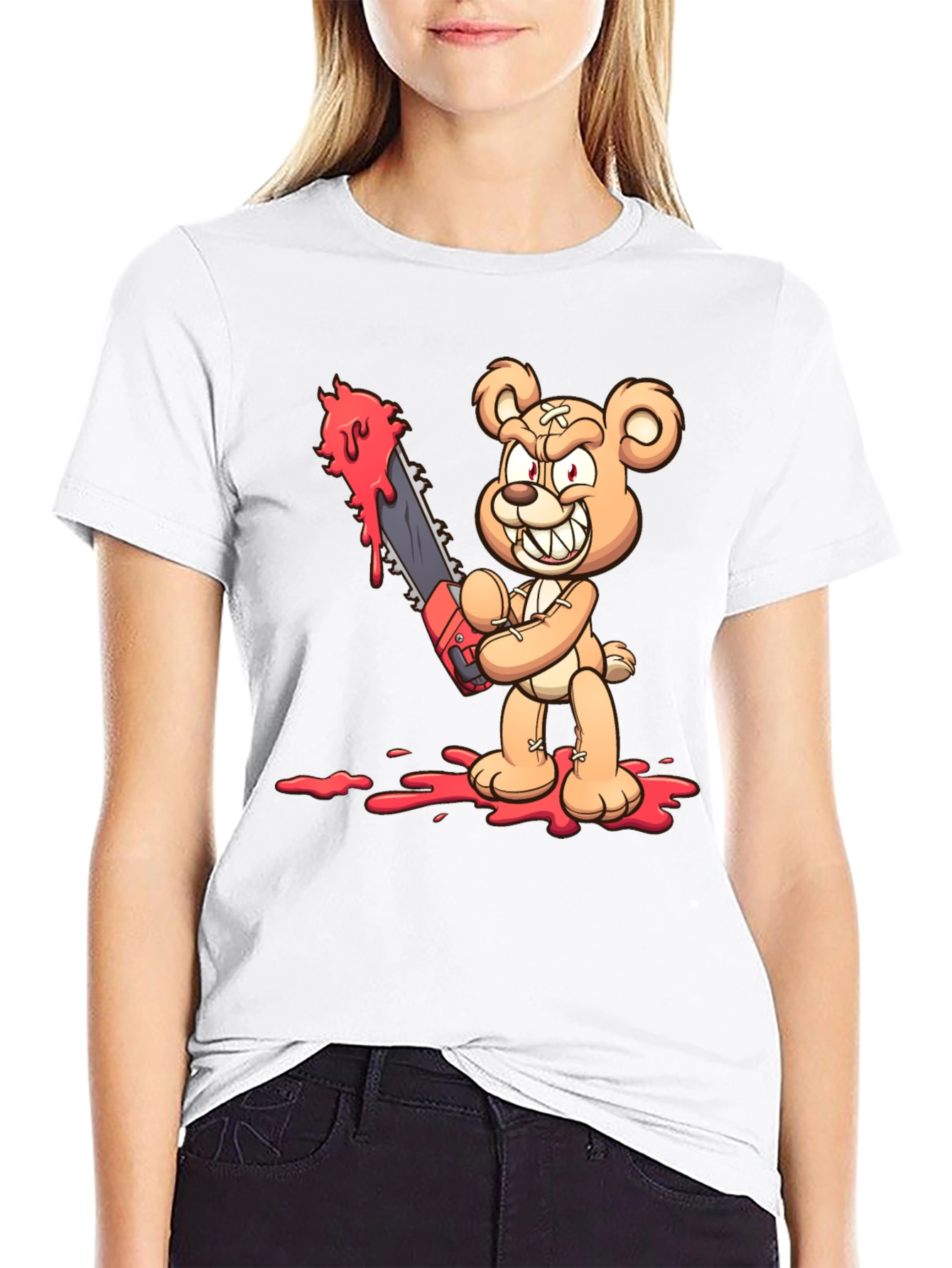 Horror Teddy Bear Chainsaw Black T-Shirt