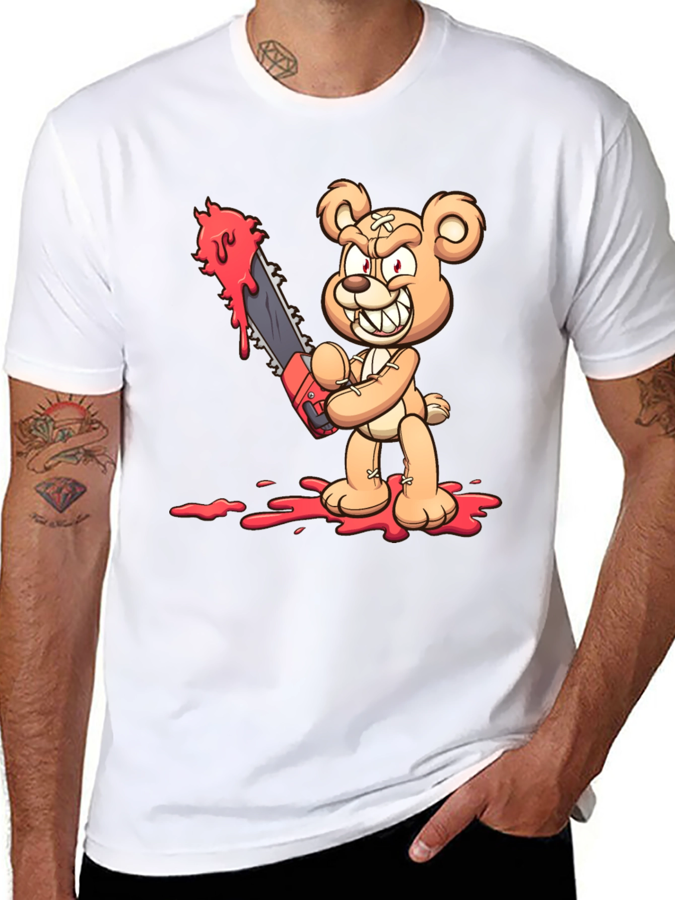 Horror Teddy Bear Chainsaw Black T-Shirt