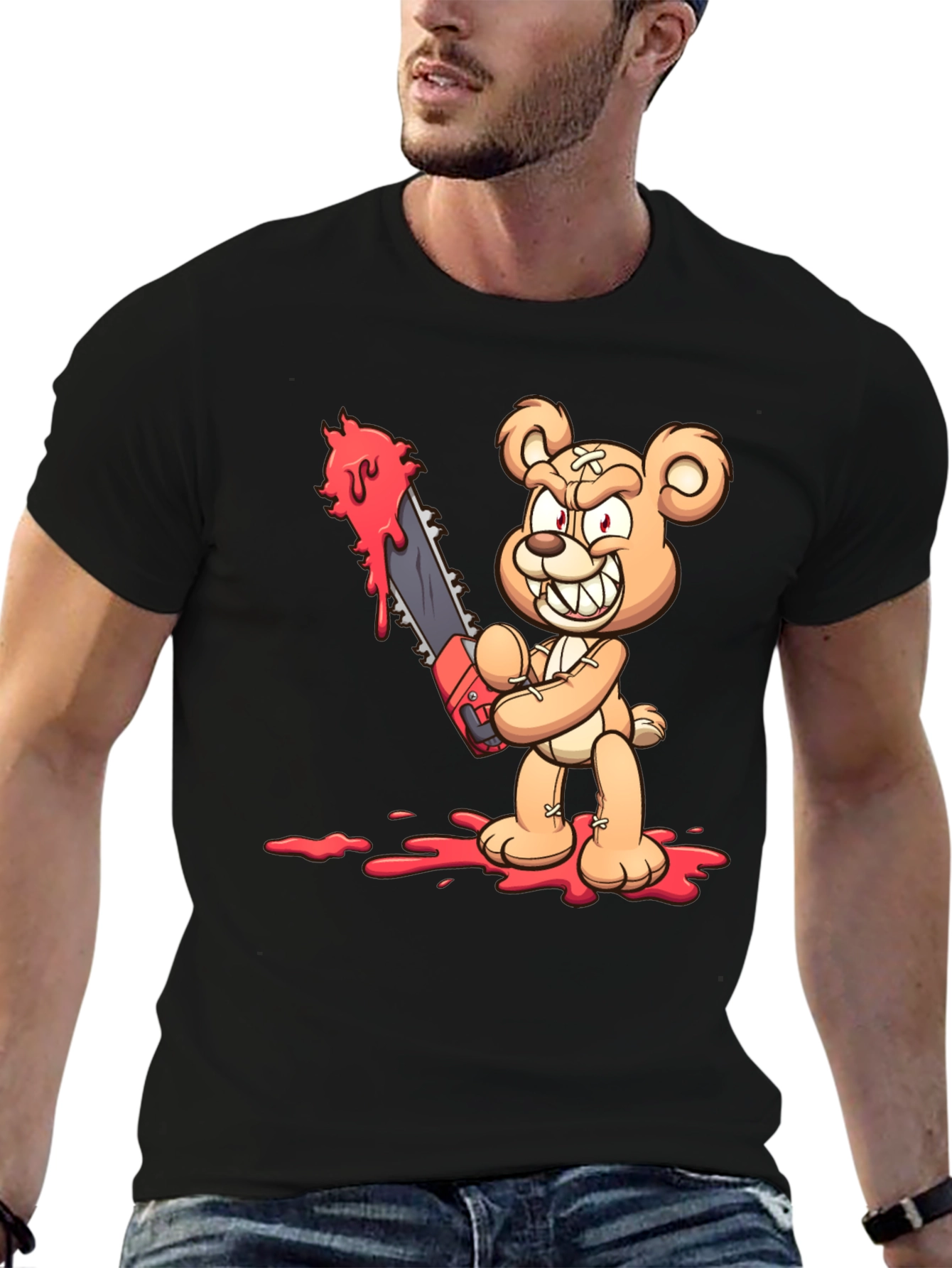 Horror Teddy Bear Chainsaw Black T-Shirt