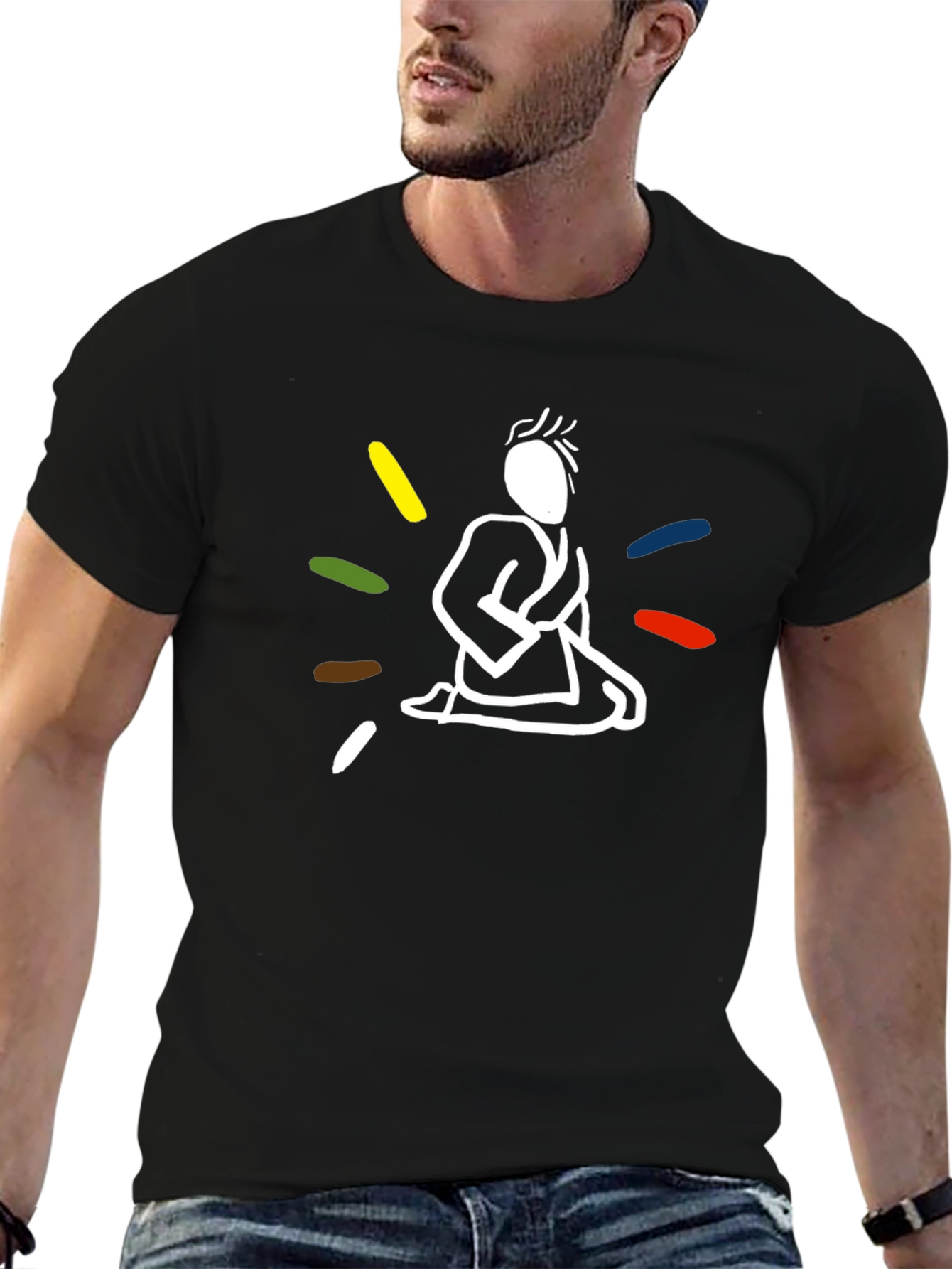 Black T-Shirt with Meditating Figure Design