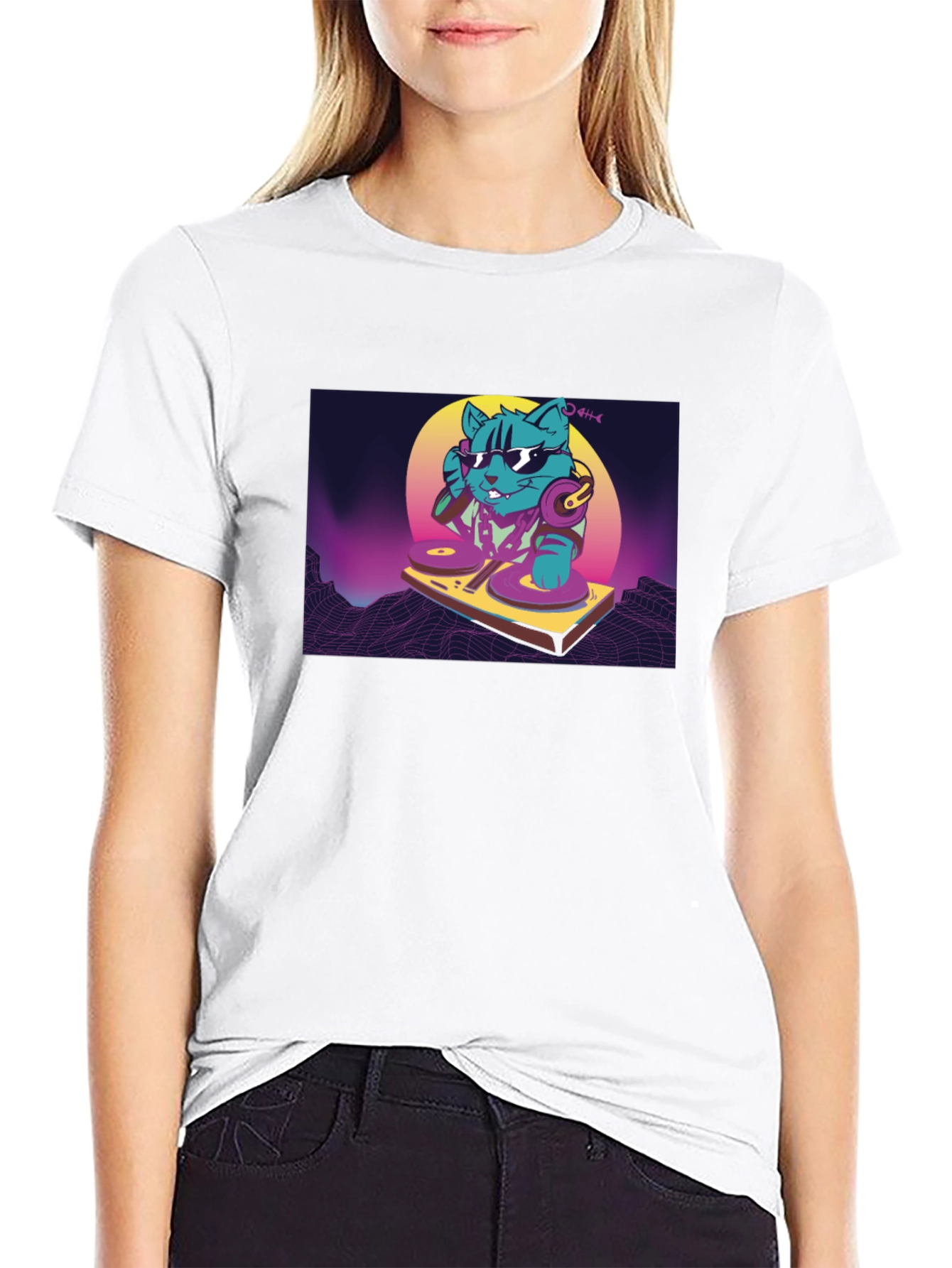 DJ Cat Graphic T-Shirt - Black Retro Style