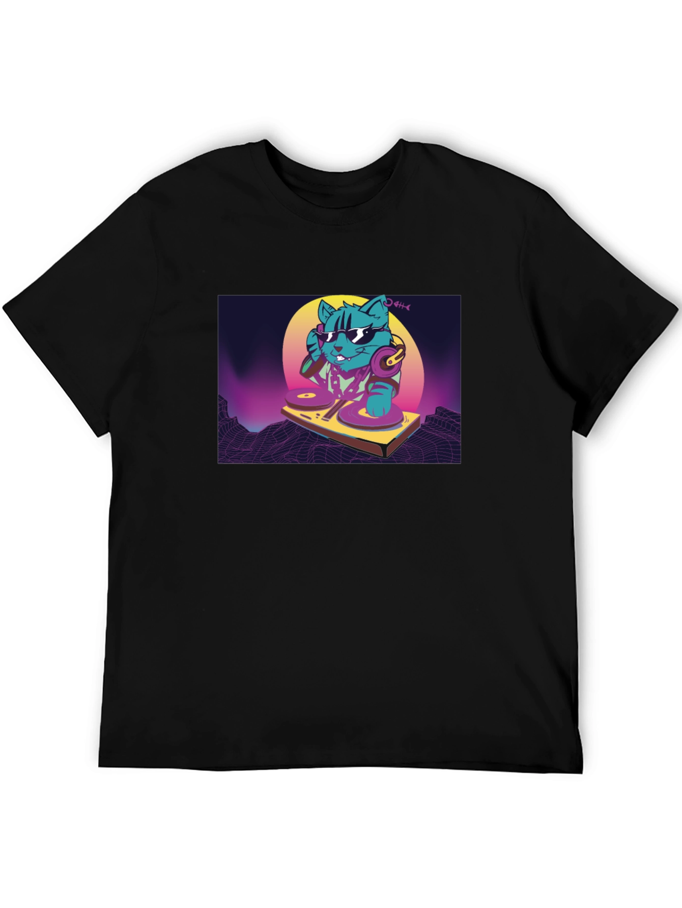 DJ Cat Graphic T-Shirt - Black Retro Style