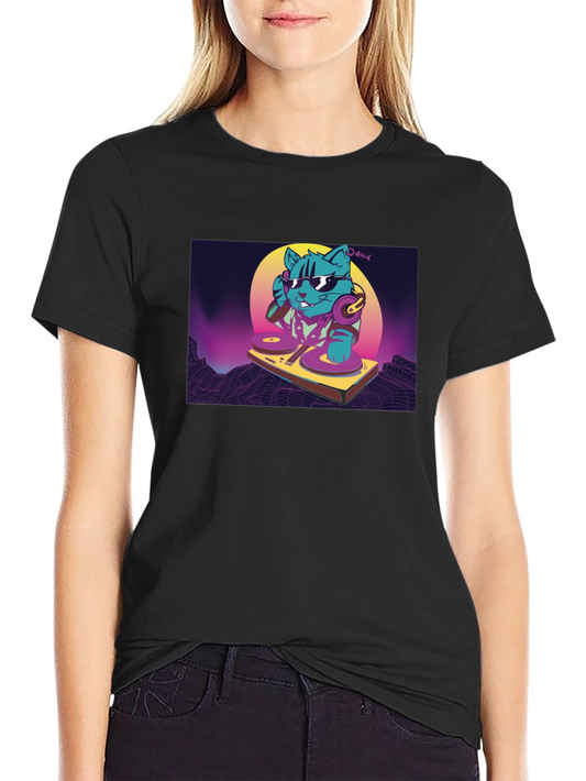 DJ Cat Graphic T-Shirt - Black Retro Style