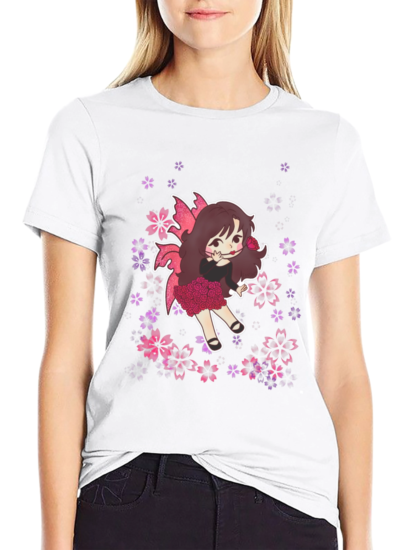 Whimsical Fairy Graphic Tee - Black Cotton Blend