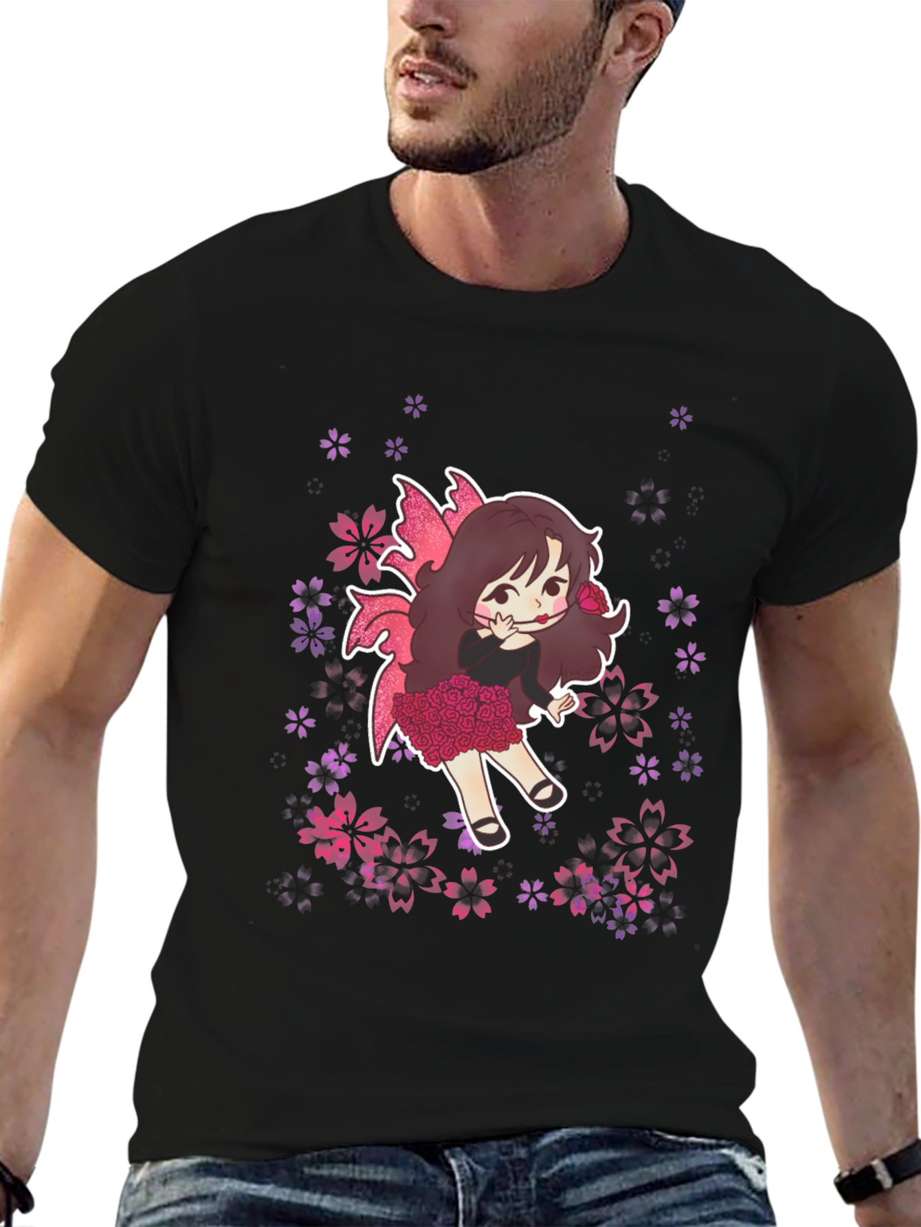 Whimsical Fairy Graphic Tee - Black Cotton Blend