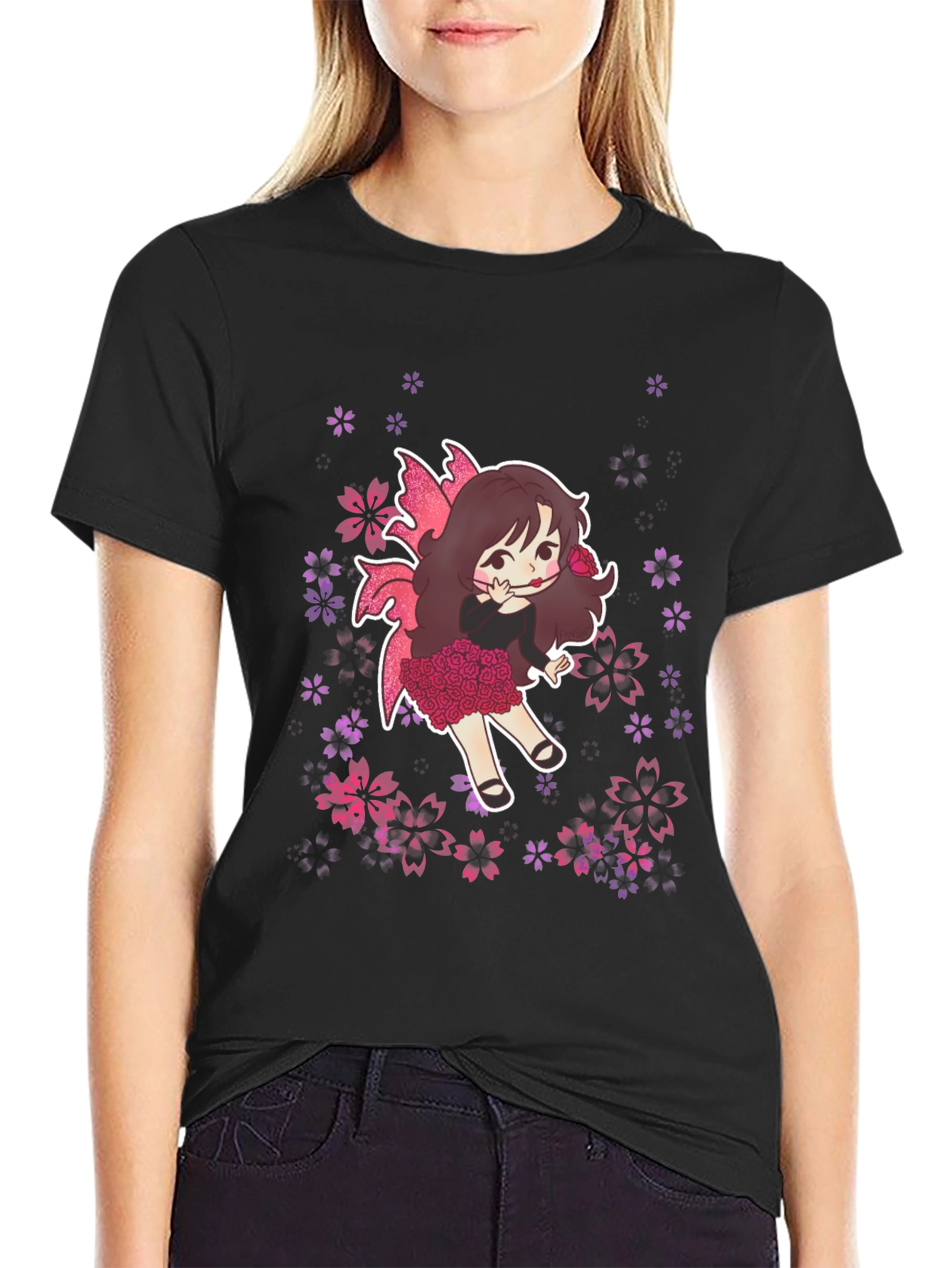 Whimsical Fairy Graphic Tee - Black Cotton Blend