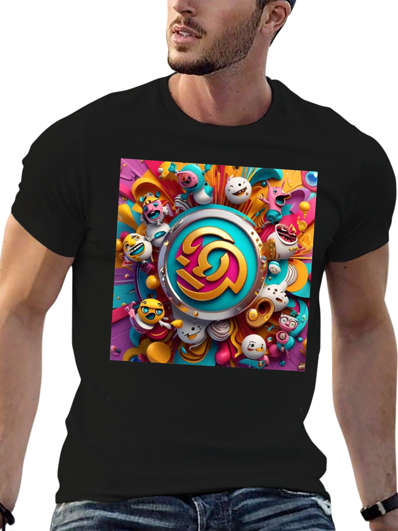 Vibrant Cartoon Graphic Print Black Tee