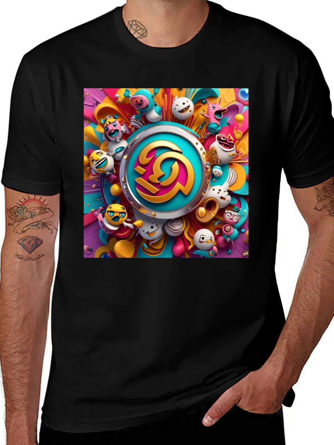 Vibrant Cartoon Graphic Print Black Tee