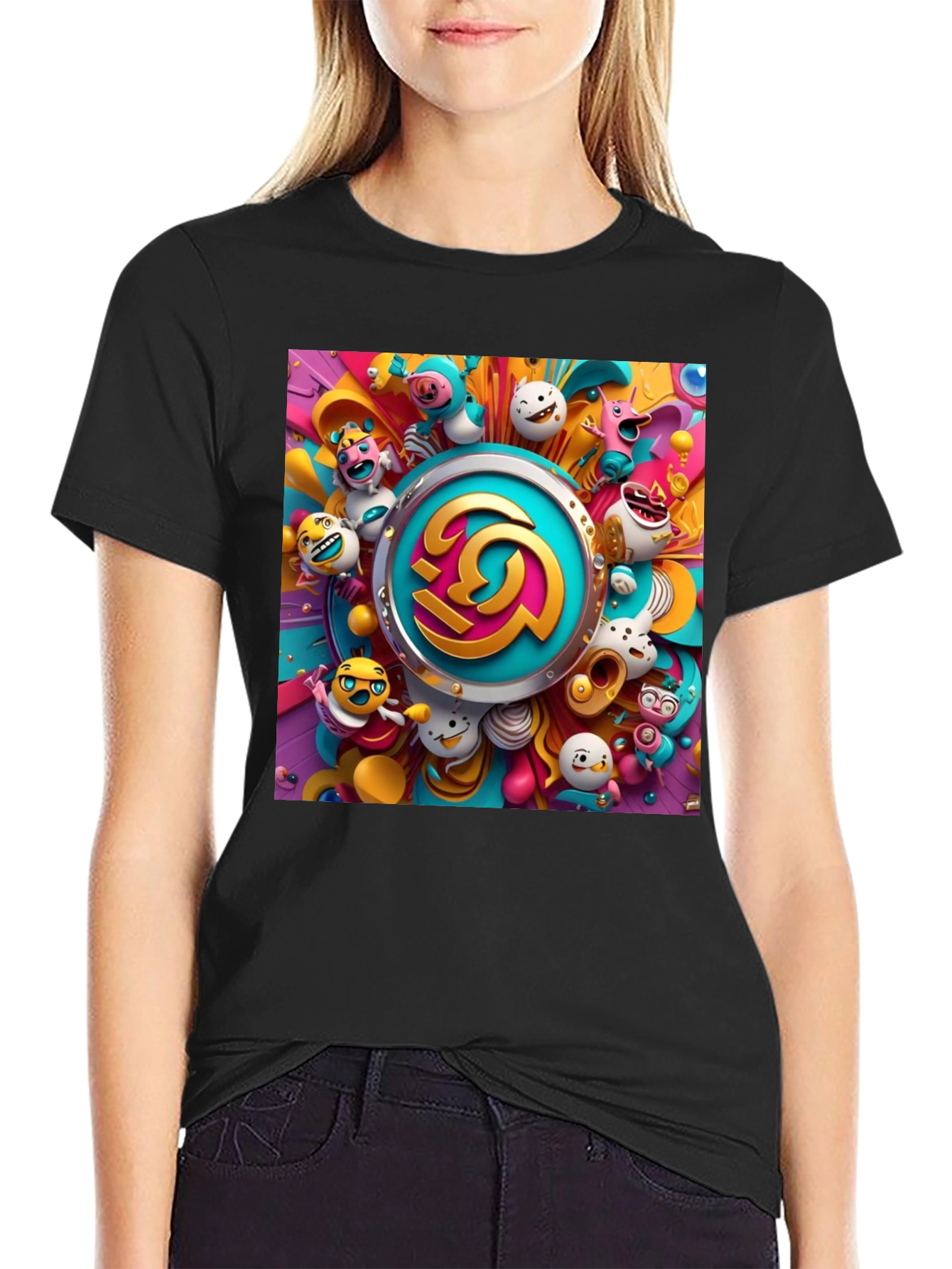 Vibrant Cartoon Graphic Print Black Tee