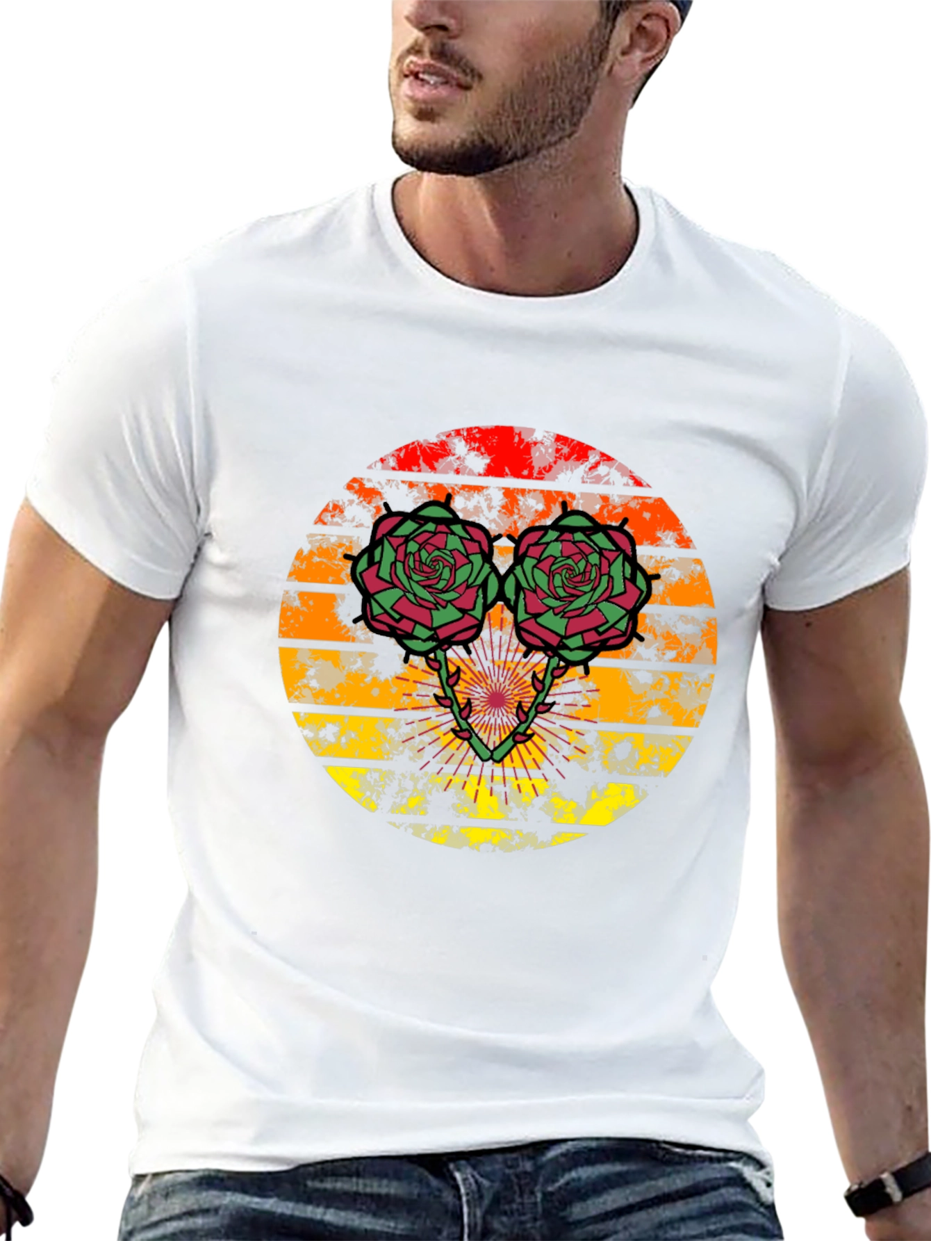Retro Floral Graphic Tee - Sunset Rose Design