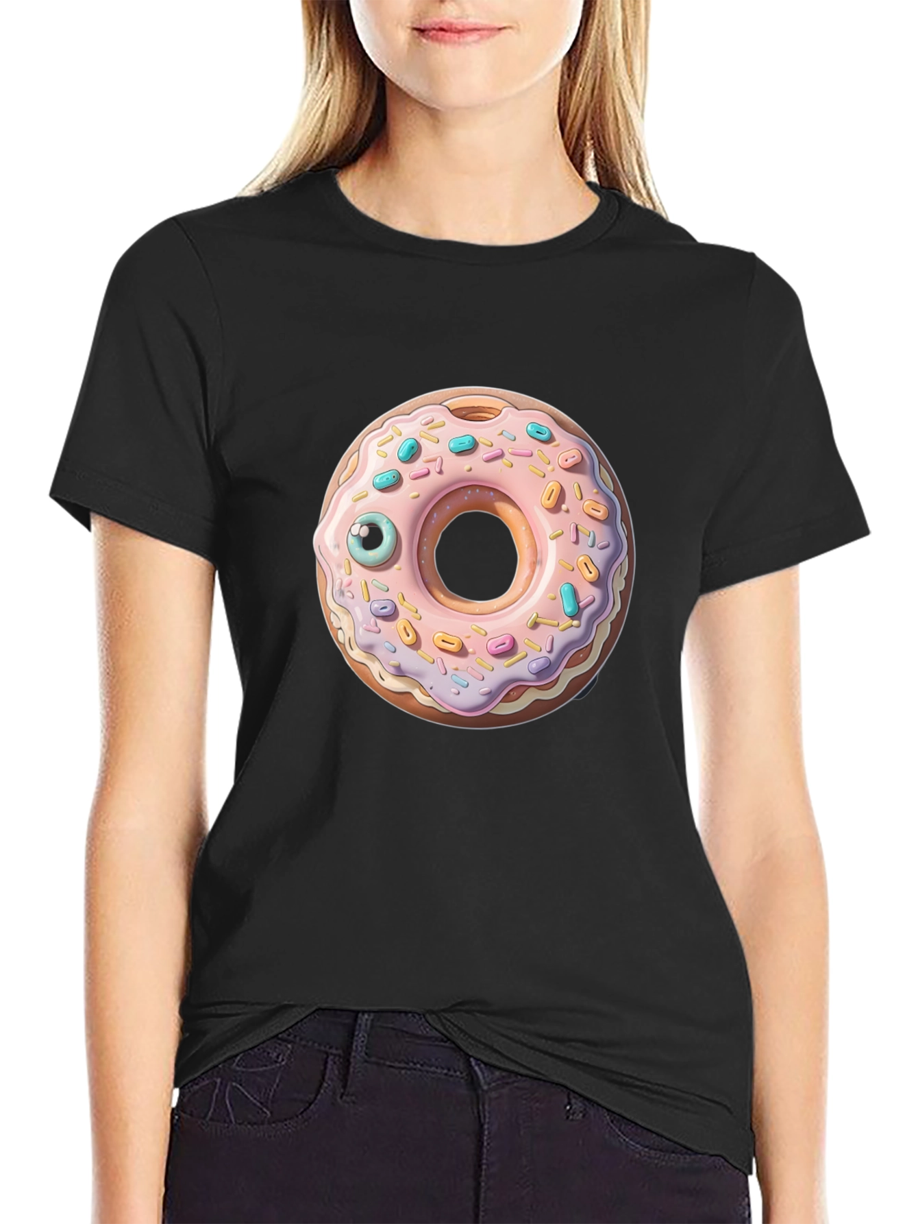 Donut with Eye Graphic Tee - Black Cotton Casual