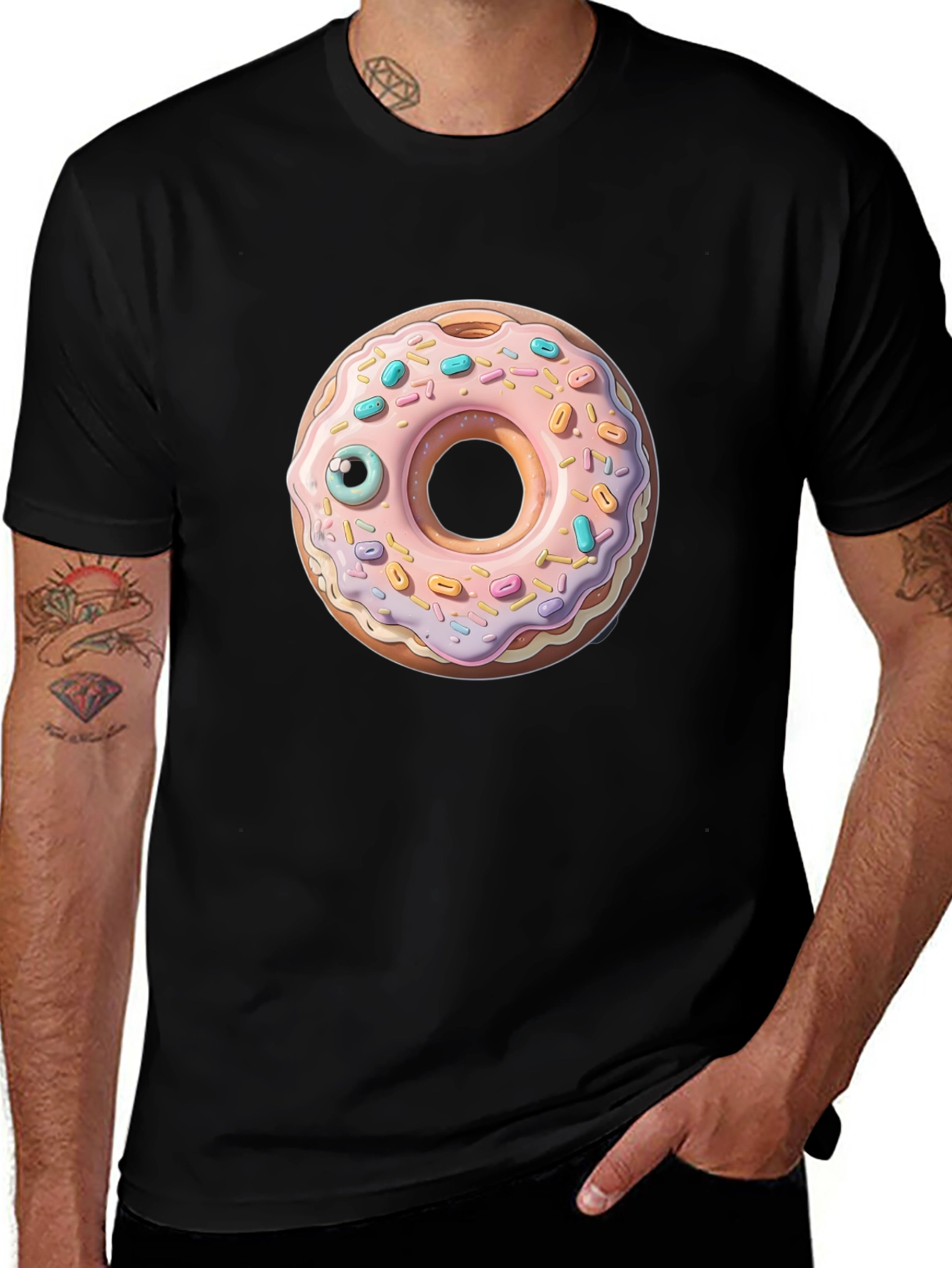 Donut with Eye Graphic Tee - Black Cotton Casual