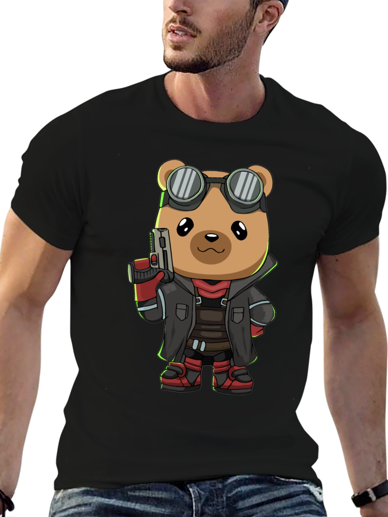 Steampunk Bear Graphic Tee - Black Casual T-Shirt