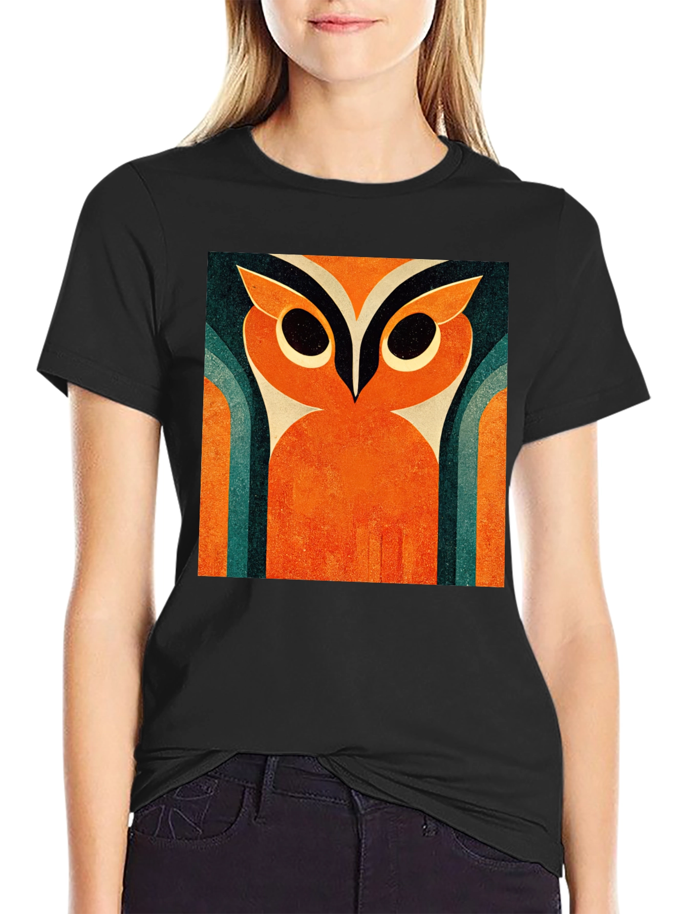 Retro Owl Graphic Tee - Black Cotton T-Shirt