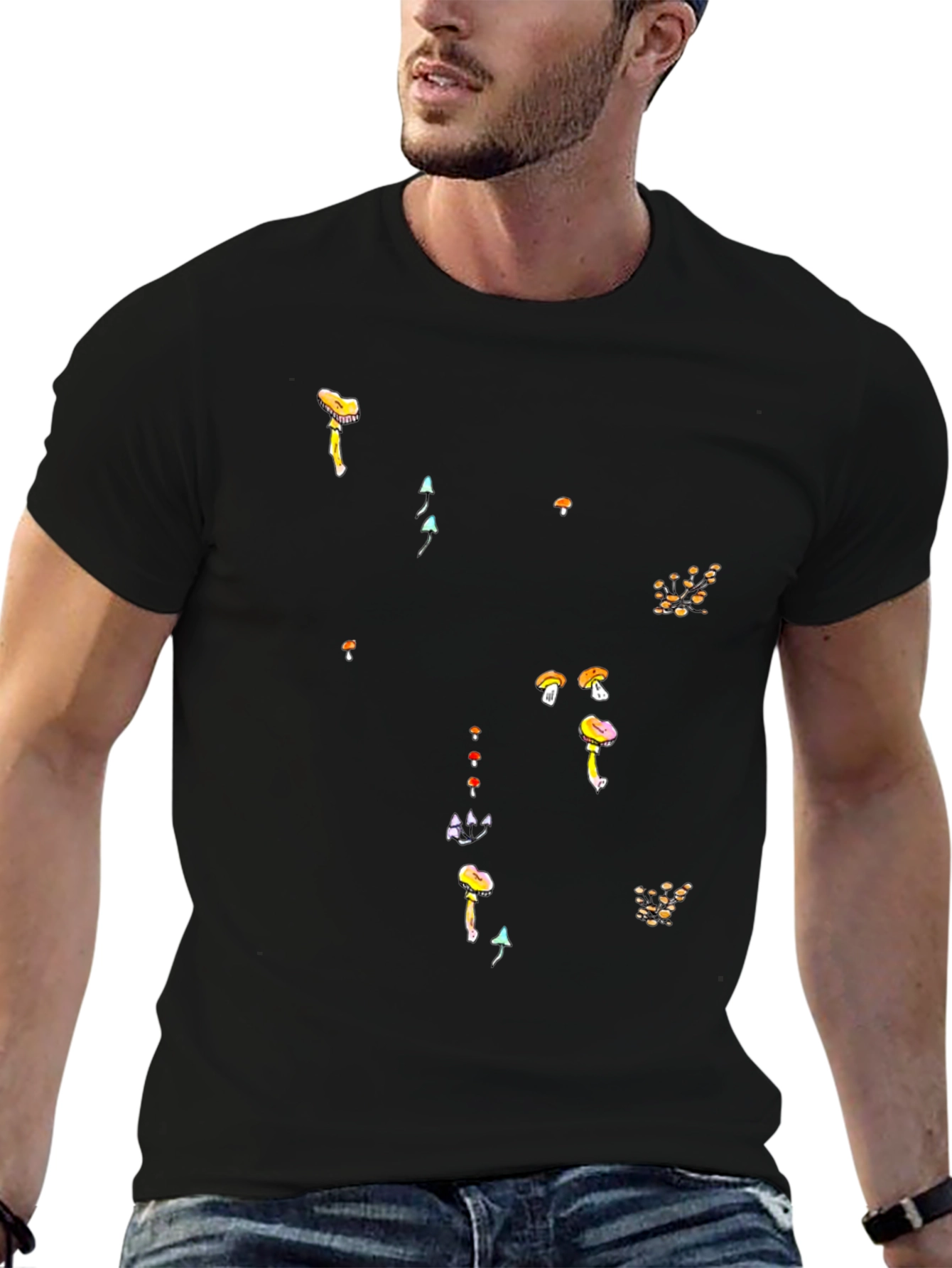 Mushroom Print Black T-Shirt - Funky Casual Style