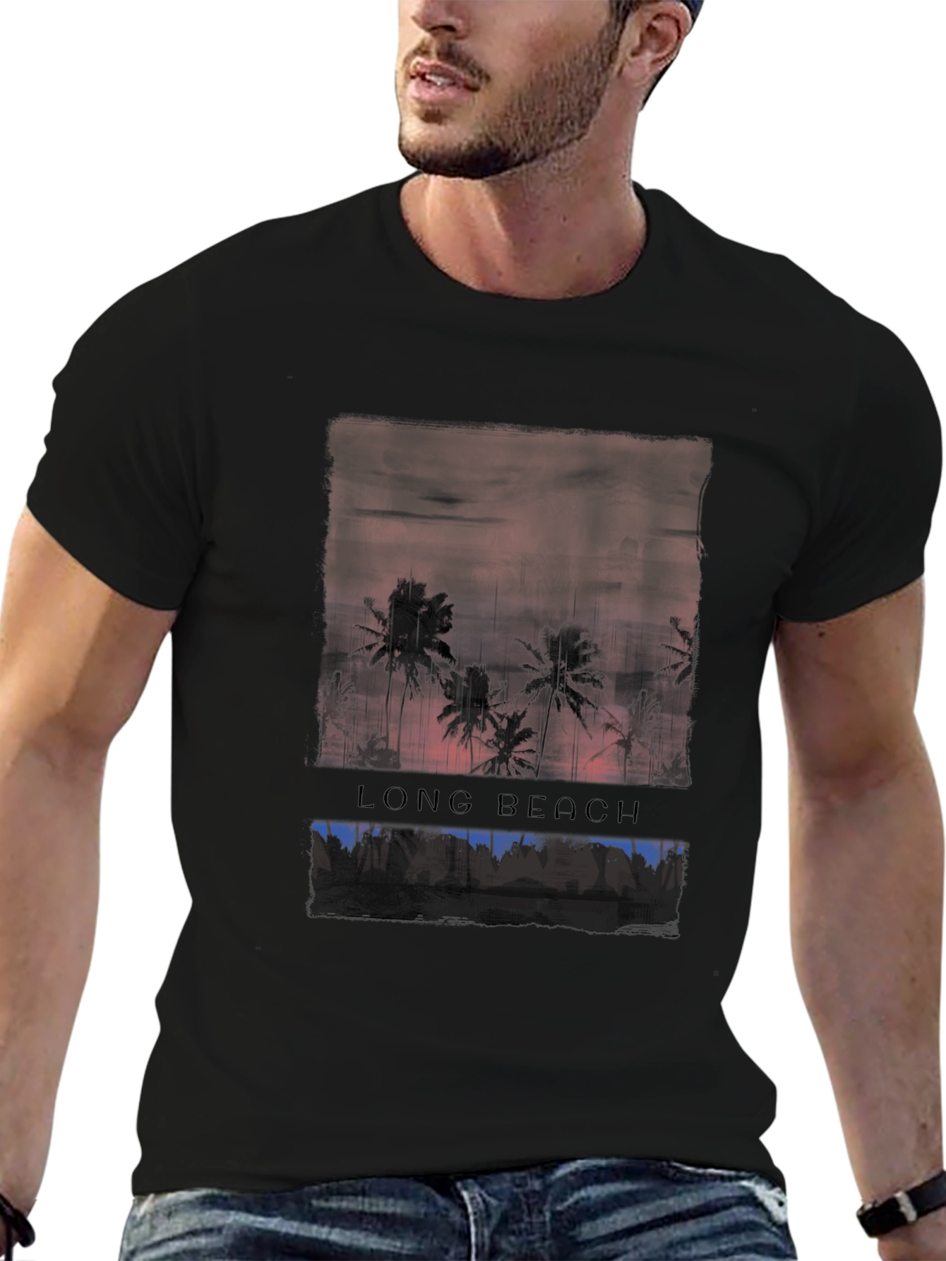 Long Beach Palm Tree Sunset Graphic Tee - Black