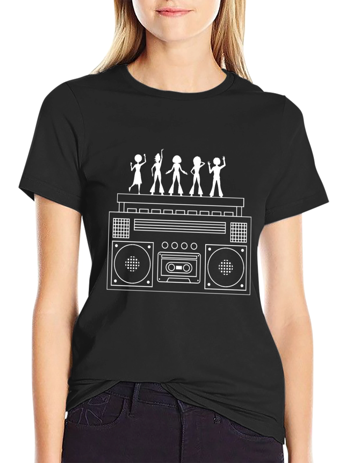 Retro Boombox & Disco Dancers Black T-Shirt