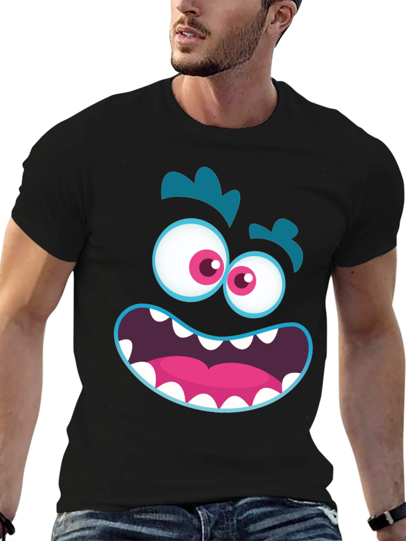 Funny Monster Face Graphic Tee - Black T-Shirt
