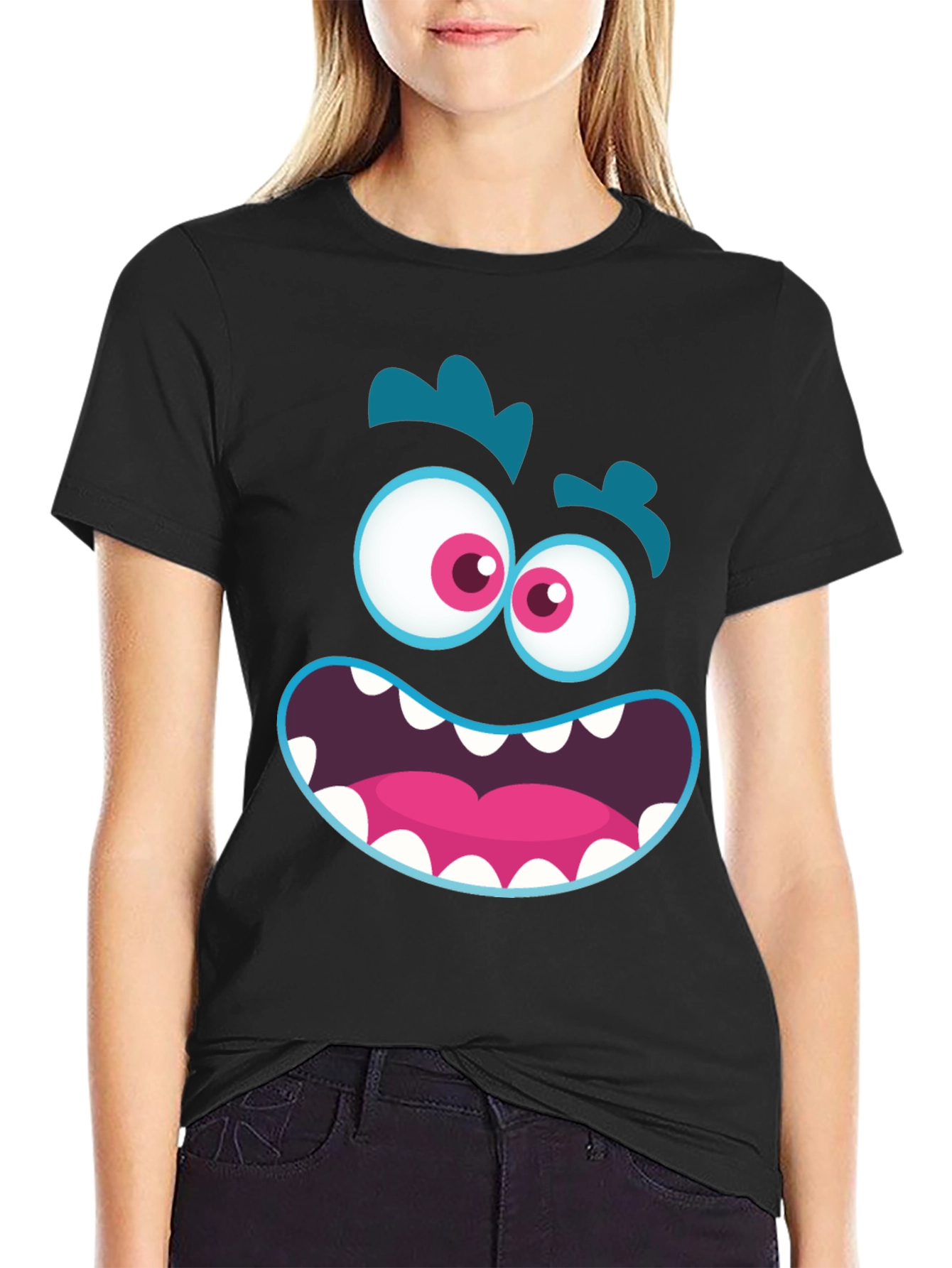 Funny Monster Face Graphic Tee - Black T-Shirt