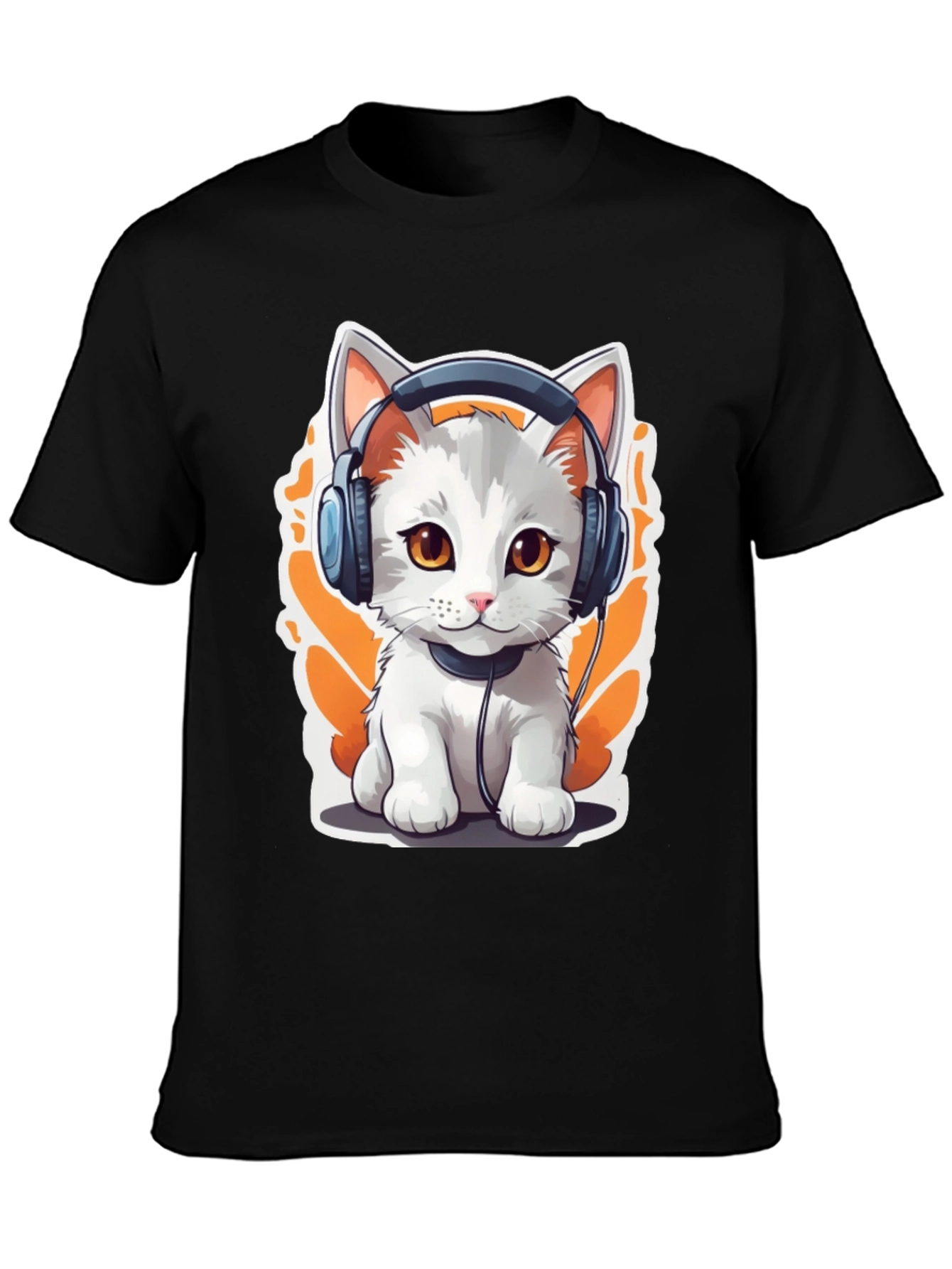 Cat with Headphones Graphic Tee - Black