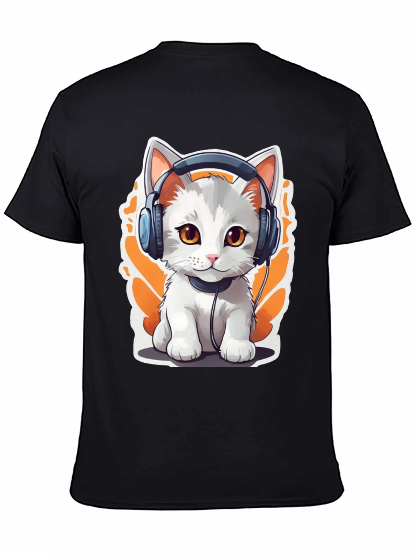 Cat with Headphones Graphic Tee - Black