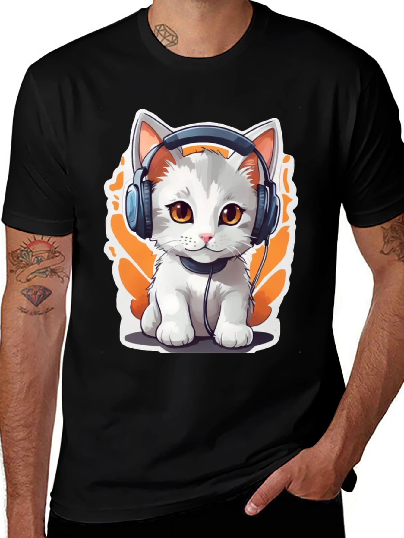 Cat with Headphones Graphic Tee - Black