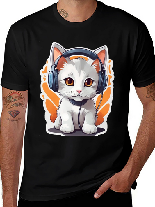 Cat with Headphones Graphic Tee - Black
