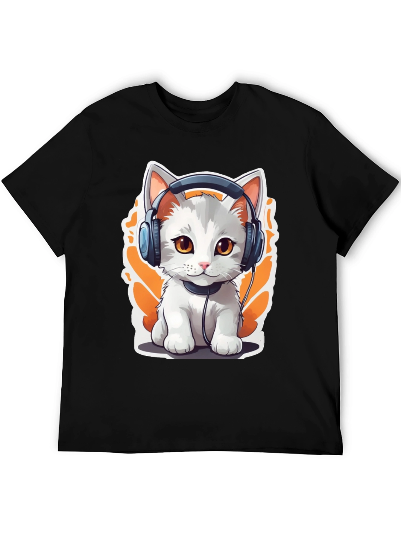 Cat with Headphones Graphic Tee - Black