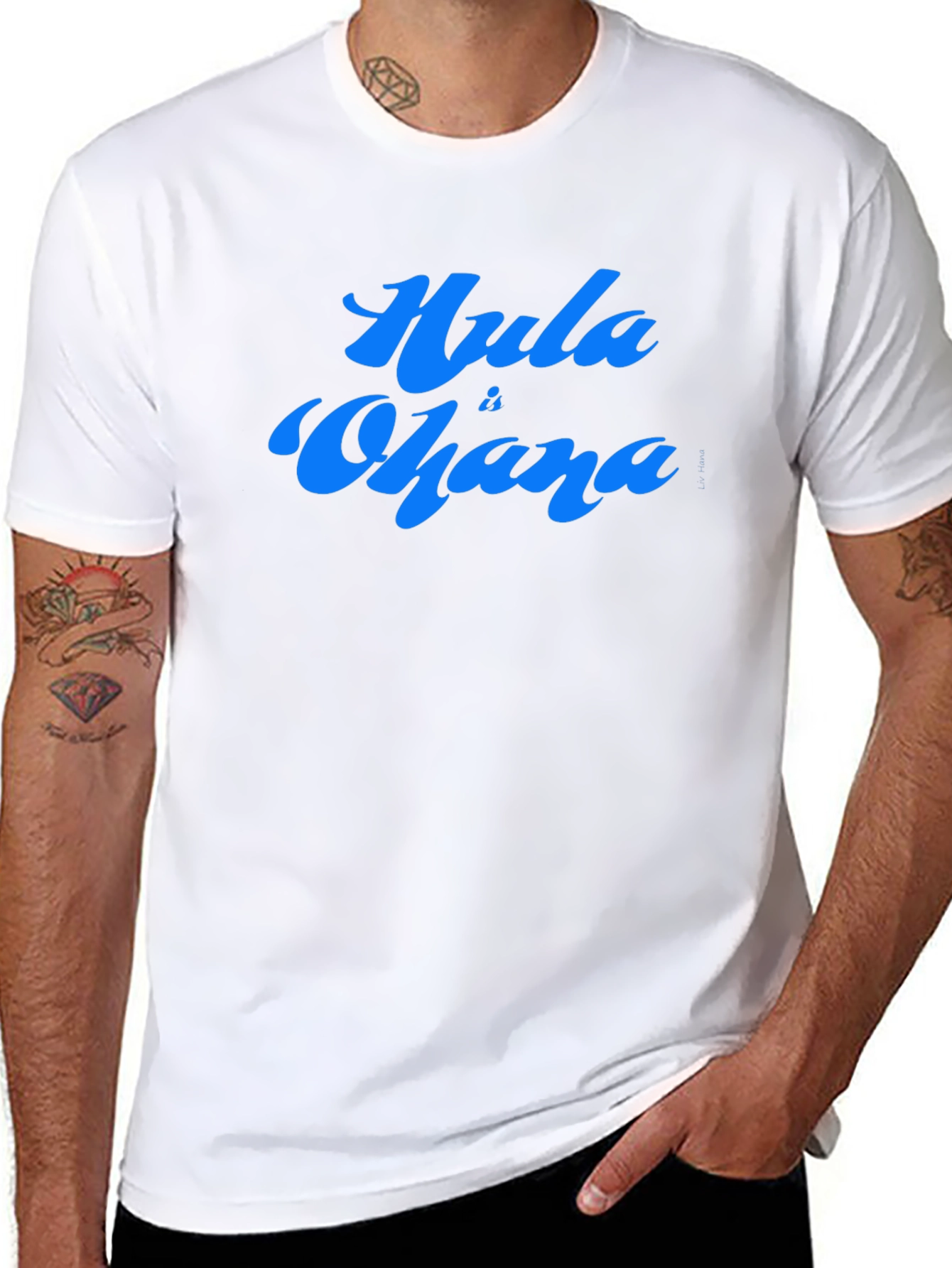 Hula is Ohana Blue Text Graphic Black Tee