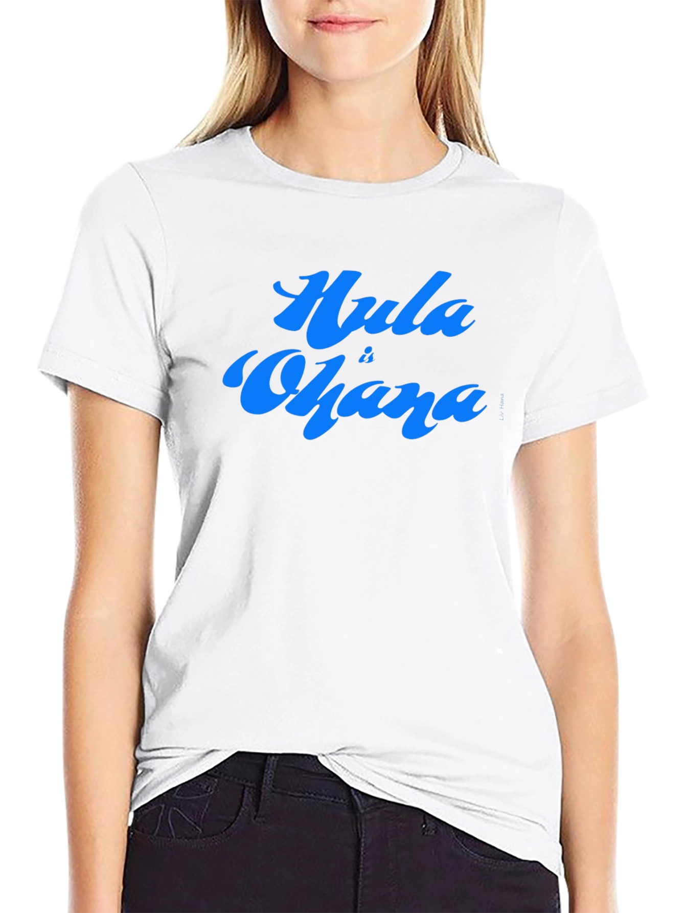 Hula is Ohana Blue Text Graphic Black Tee