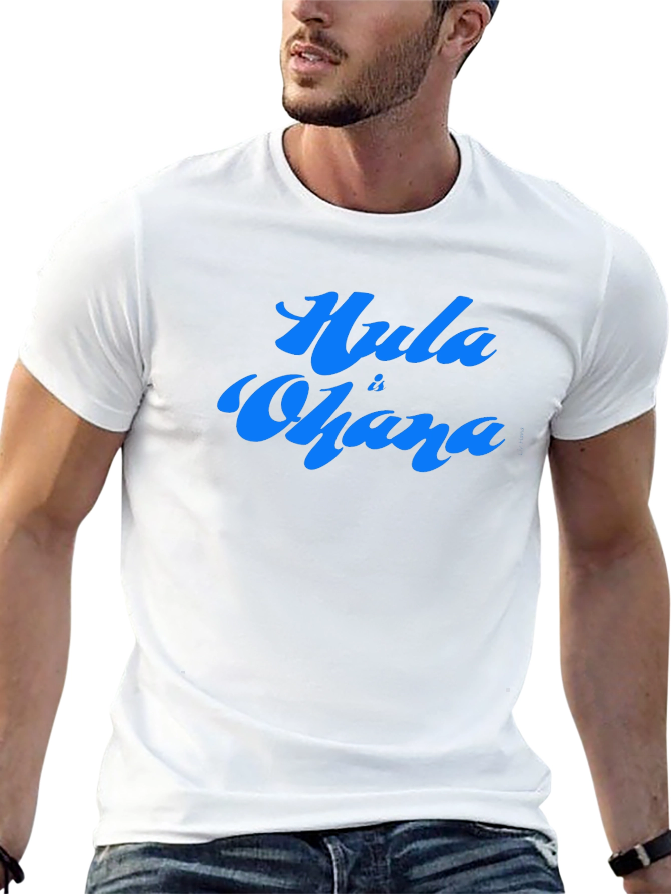 Hula is Ohana Blue Text Graphic Black Tee