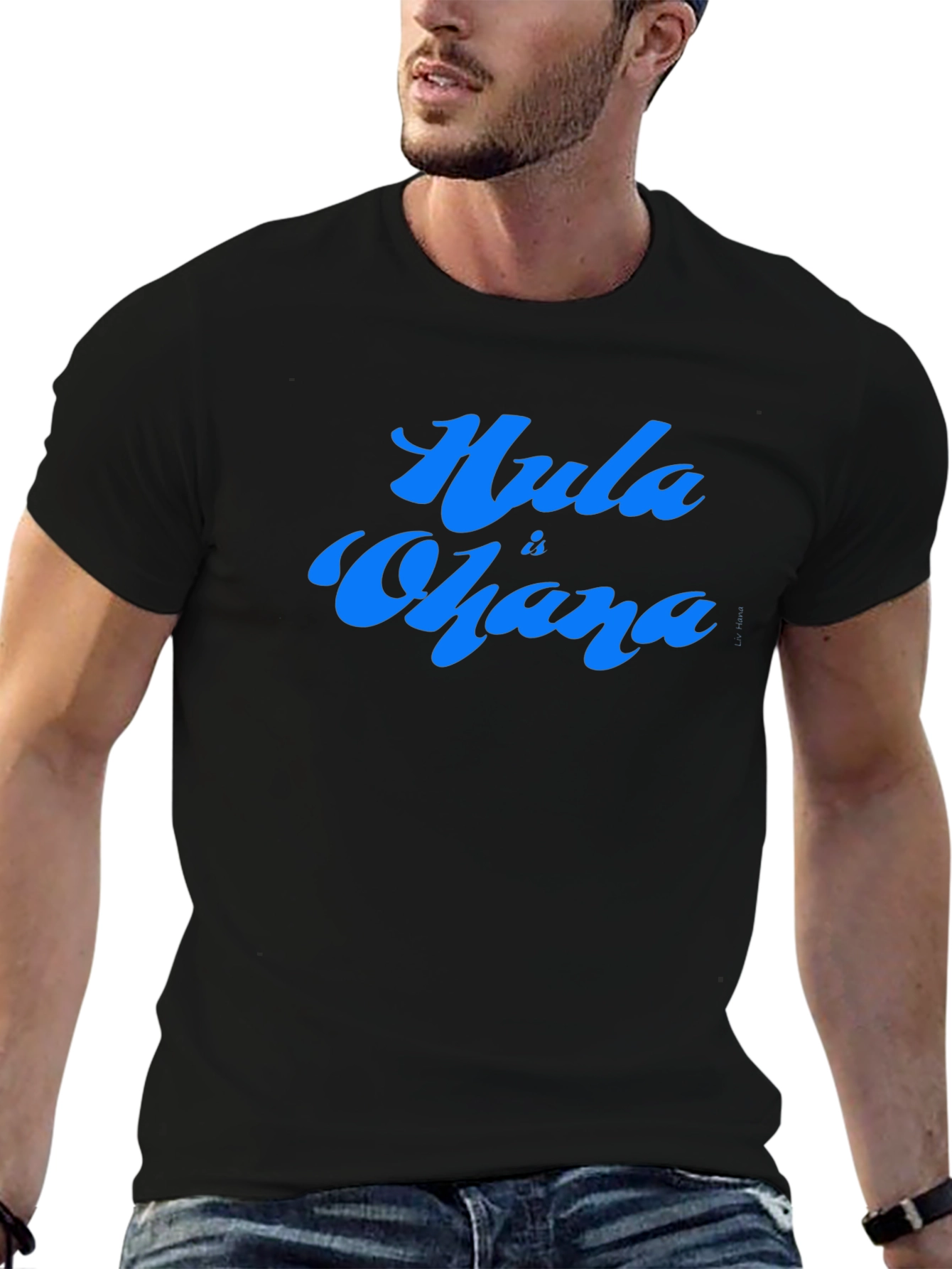 Hula is Ohana Blue Text Graphic Black Tee