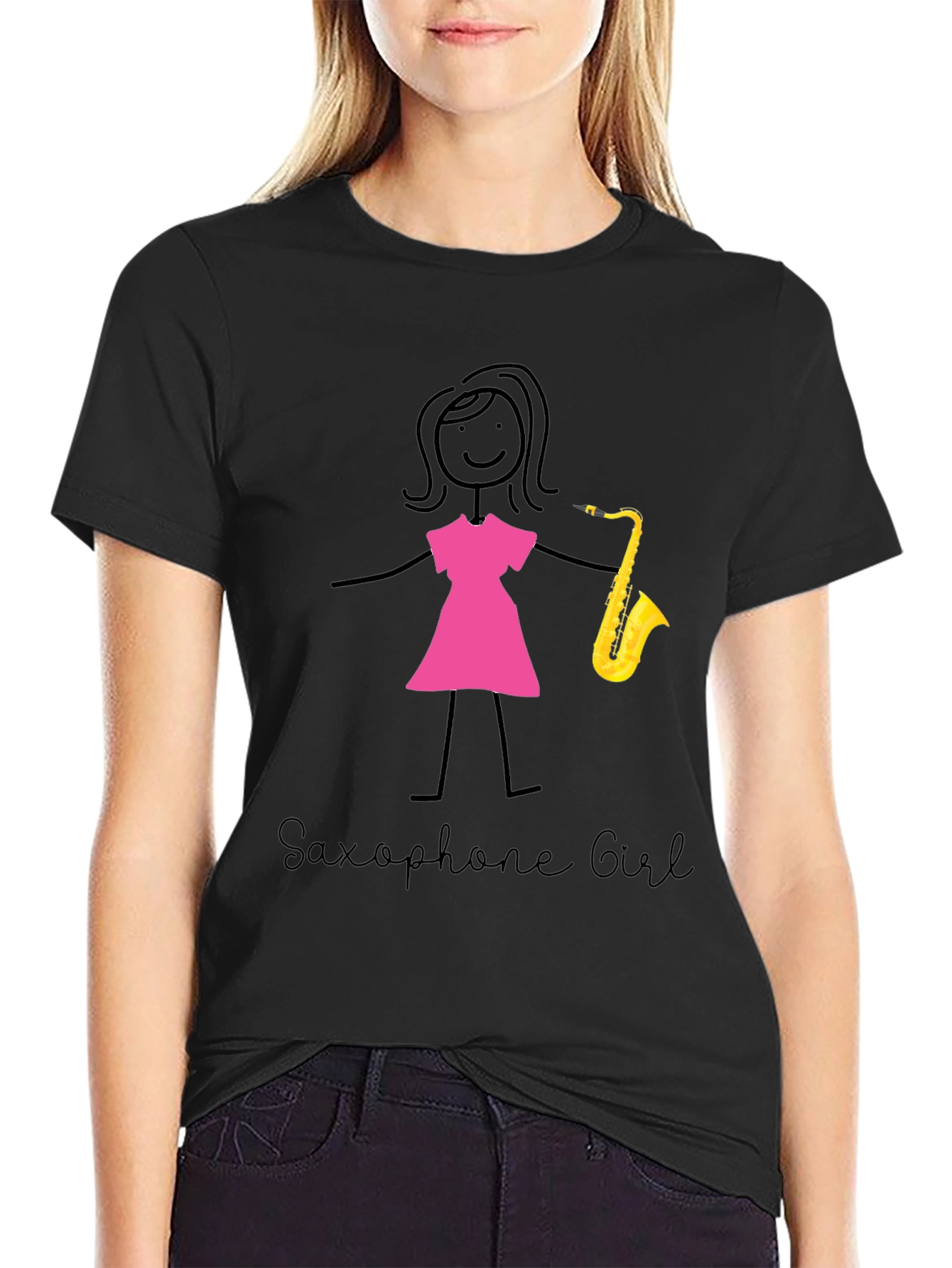 Saxophone Girl T-Shirt - Black Cotton Tee