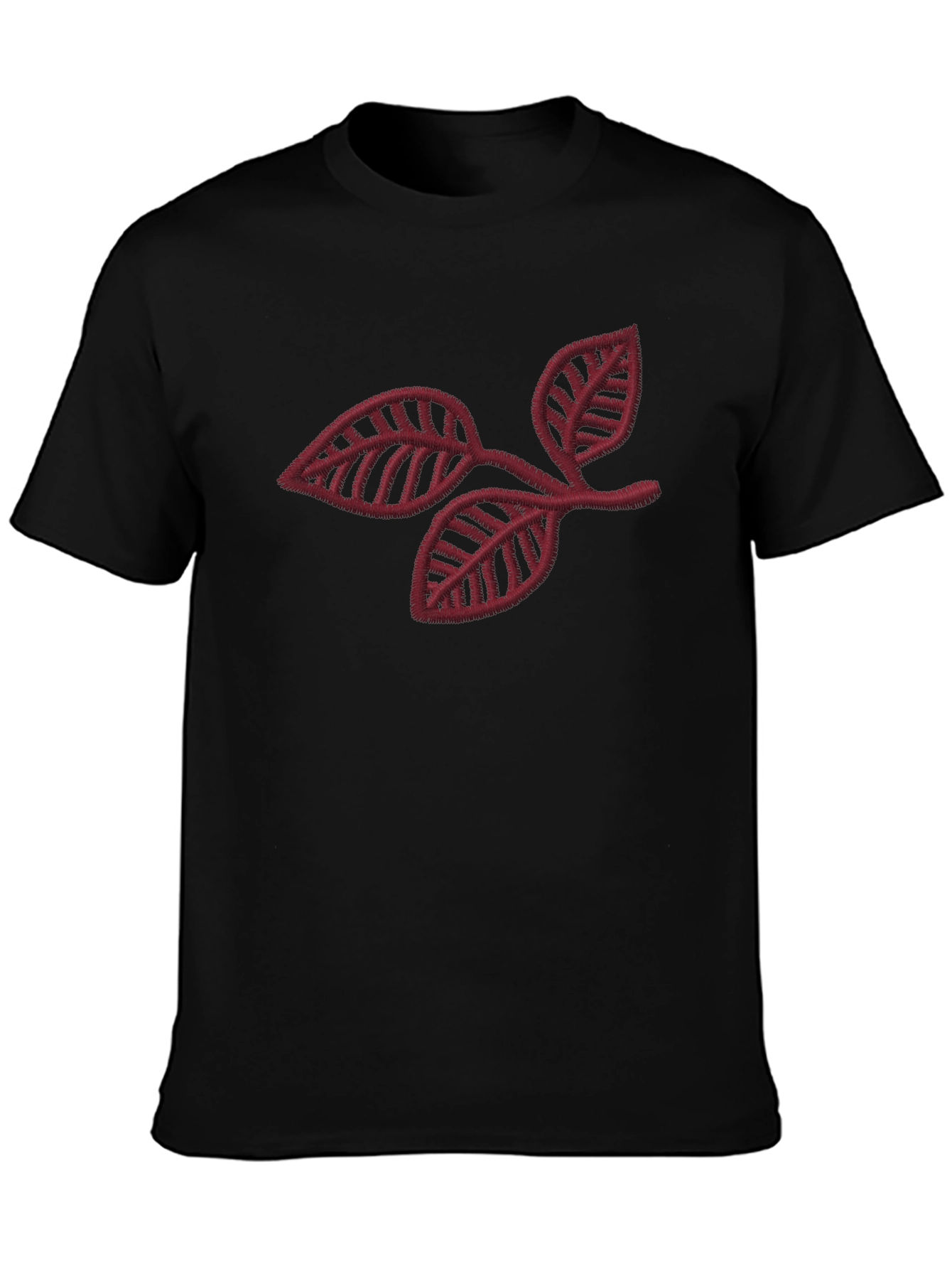 Black T-Shirt with Leaf Branch Embroidery