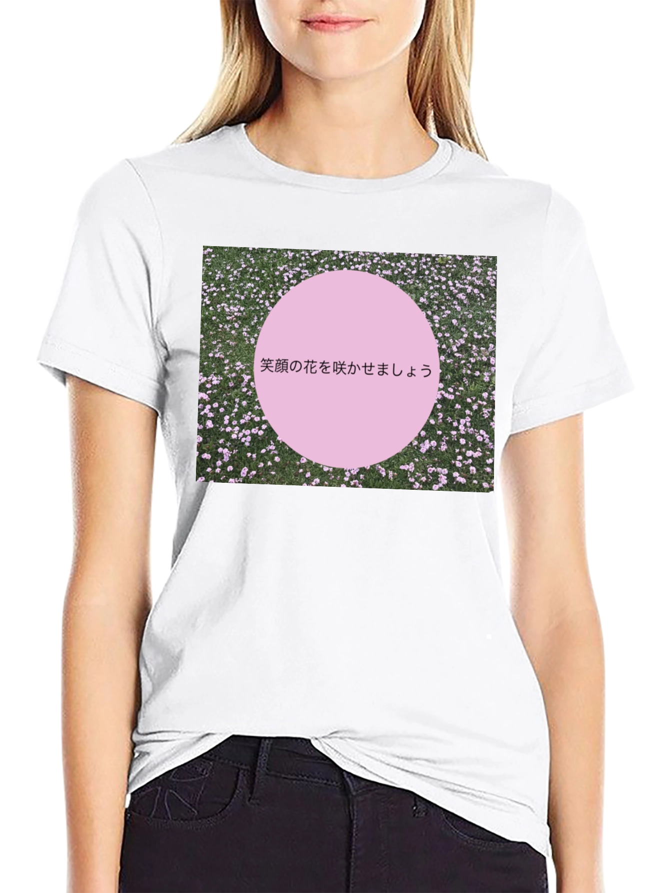 Pink Circle Japanese Slogan Black T-Shirt