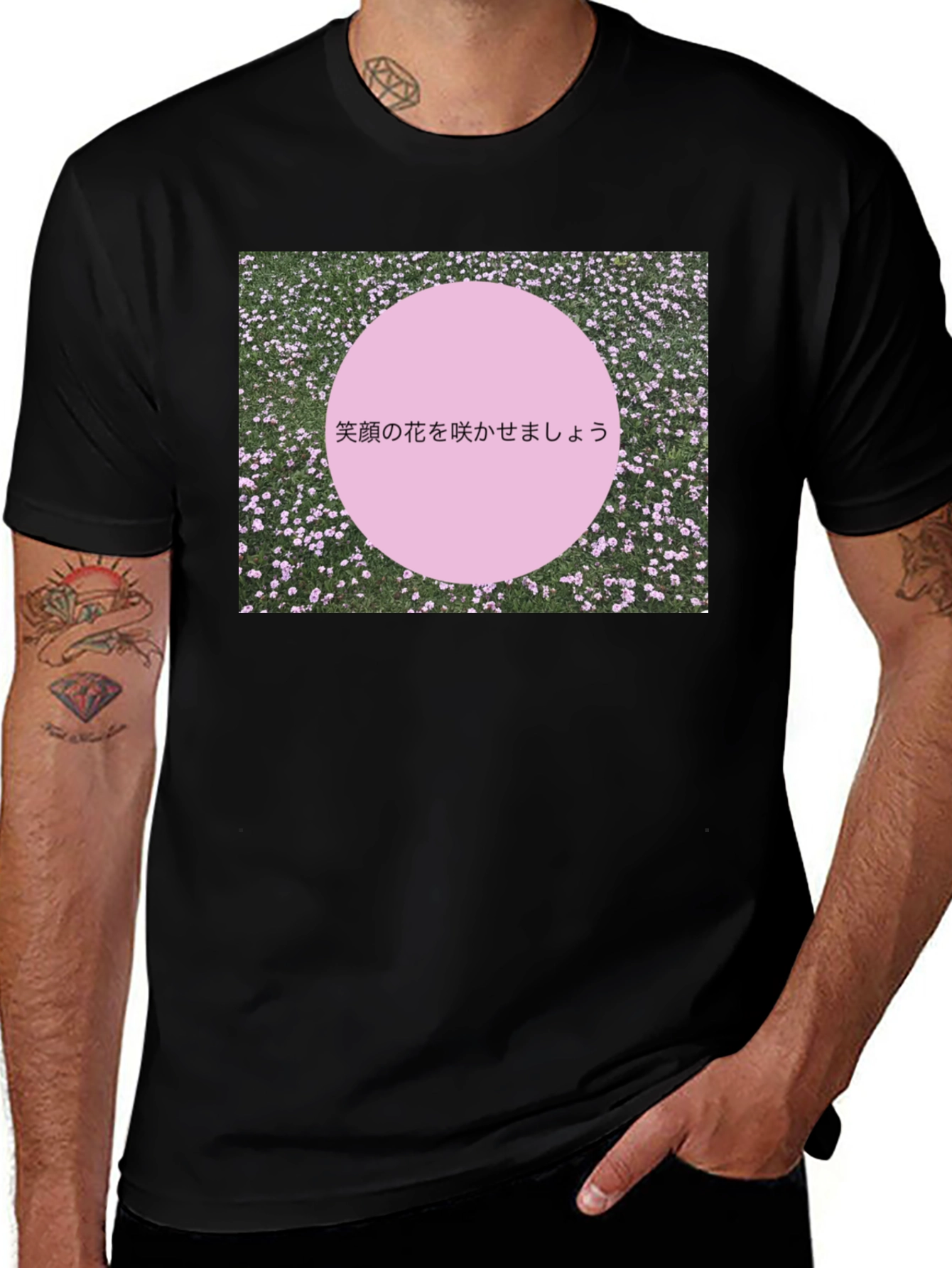 Pink Circle Japanese Slogan Black T-Shirt