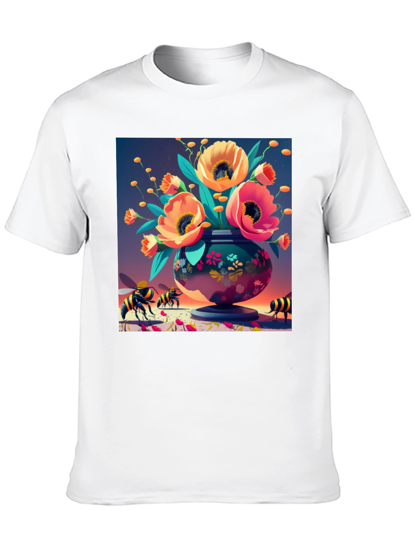 Floral Vase Bee Print T-Shirt - Black