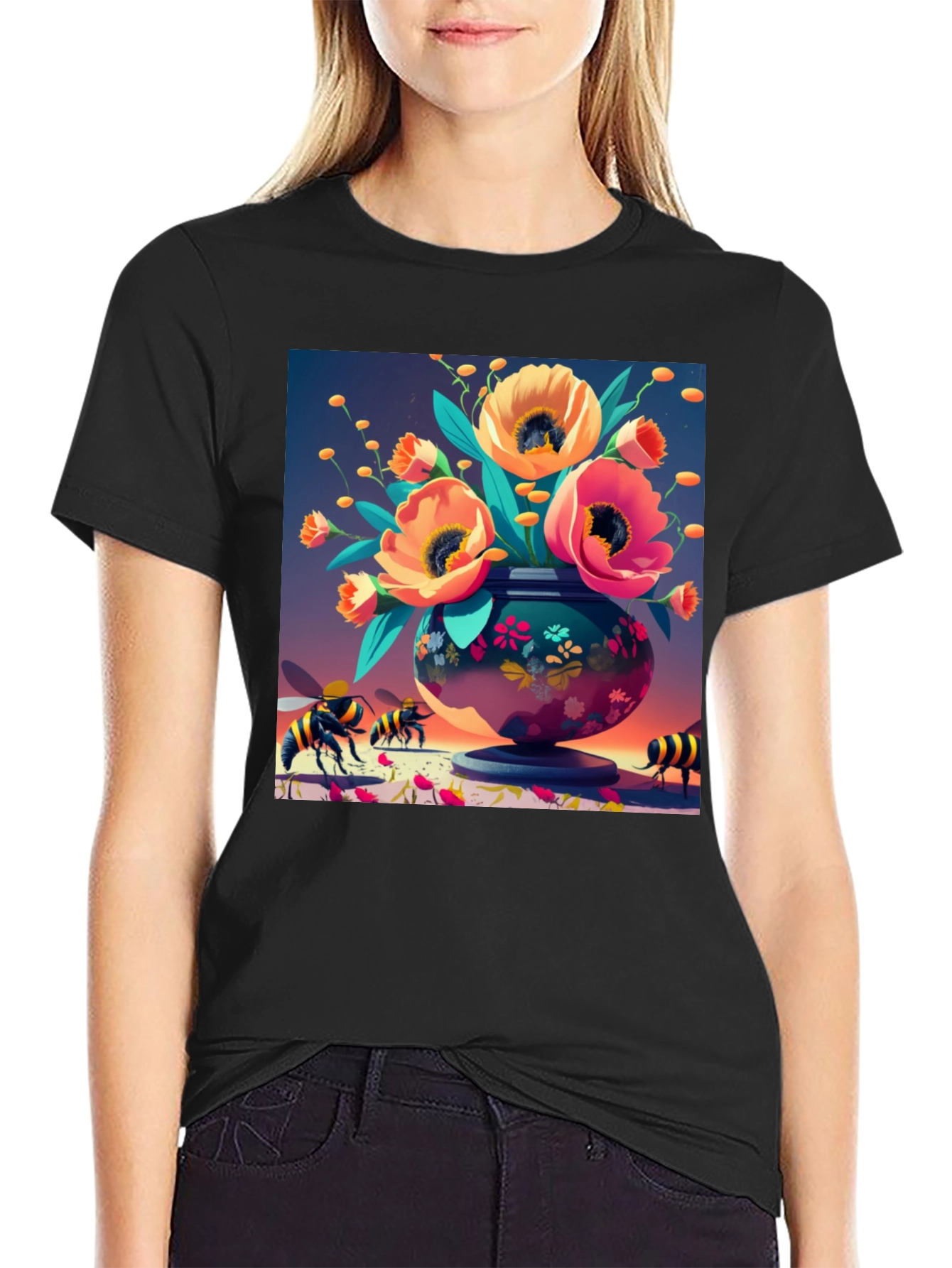 Floral Vase Bee Print T-Shirt - Black