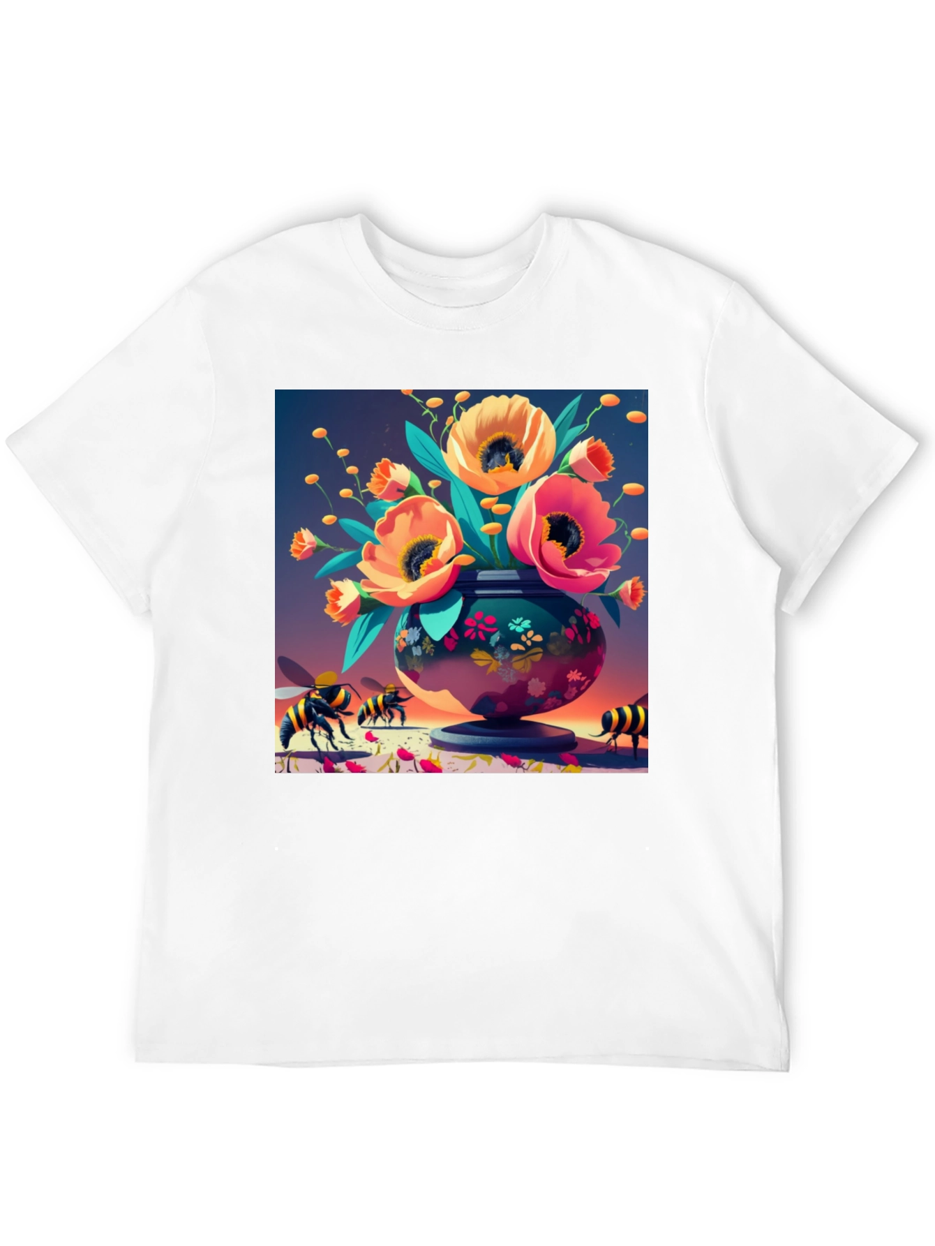 Floral Vase Bee Print T-Shirt - Black