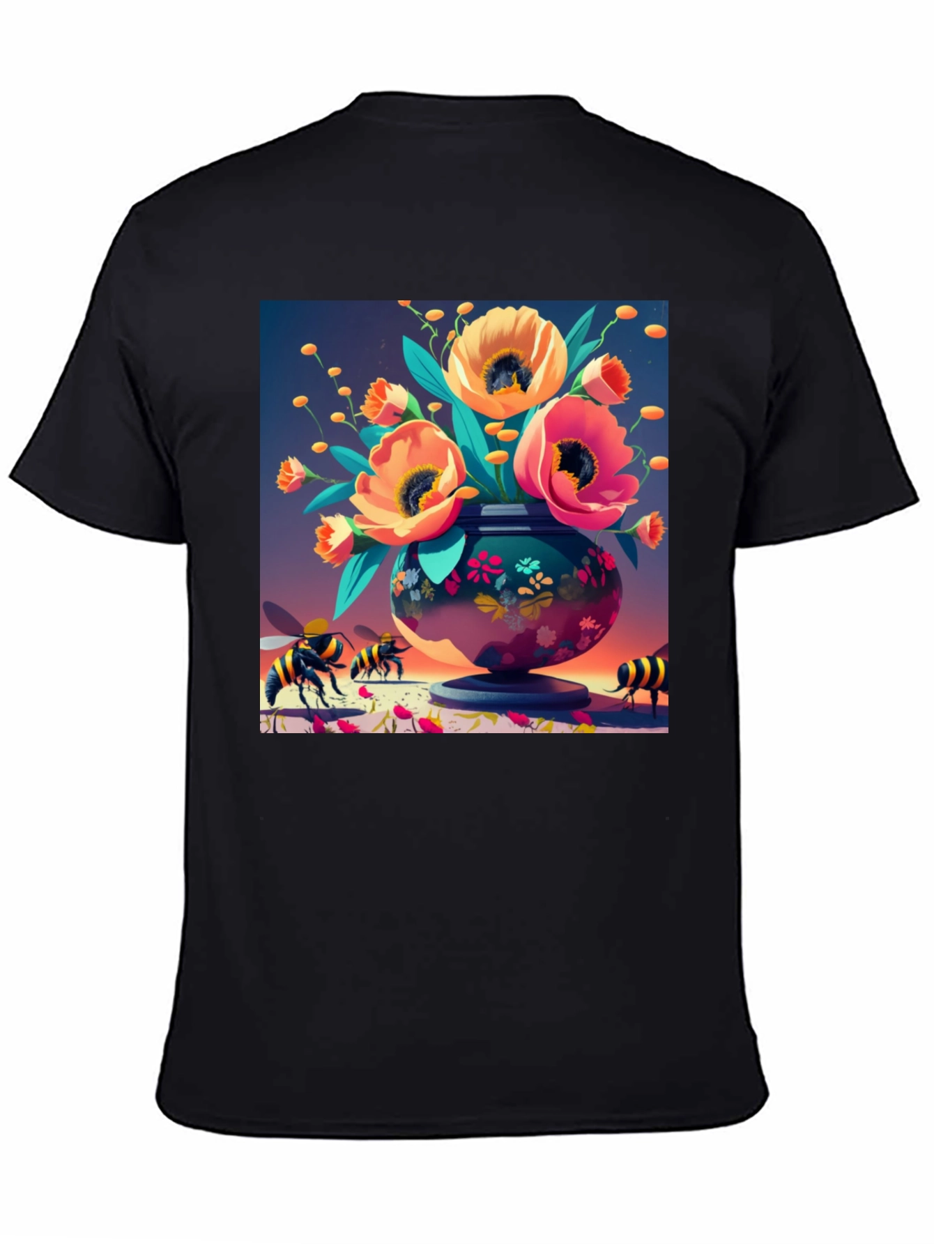 Floral Vase Bee Print T-Shirt - Black